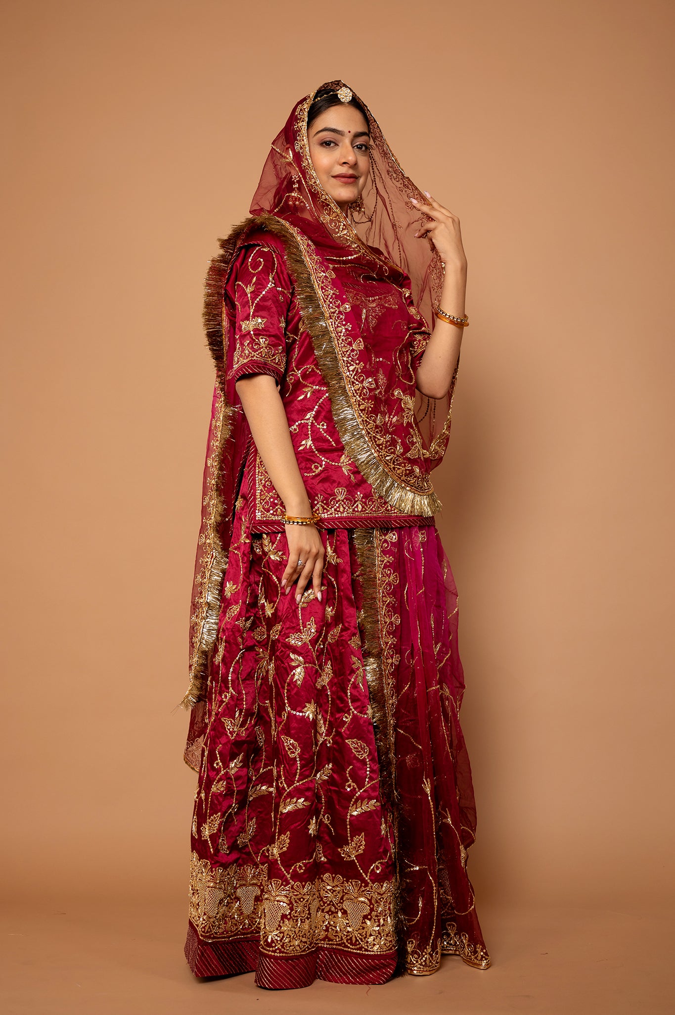 Mulberry pure silk Satin zardozi handwork rajputi Poshak with pure odhna