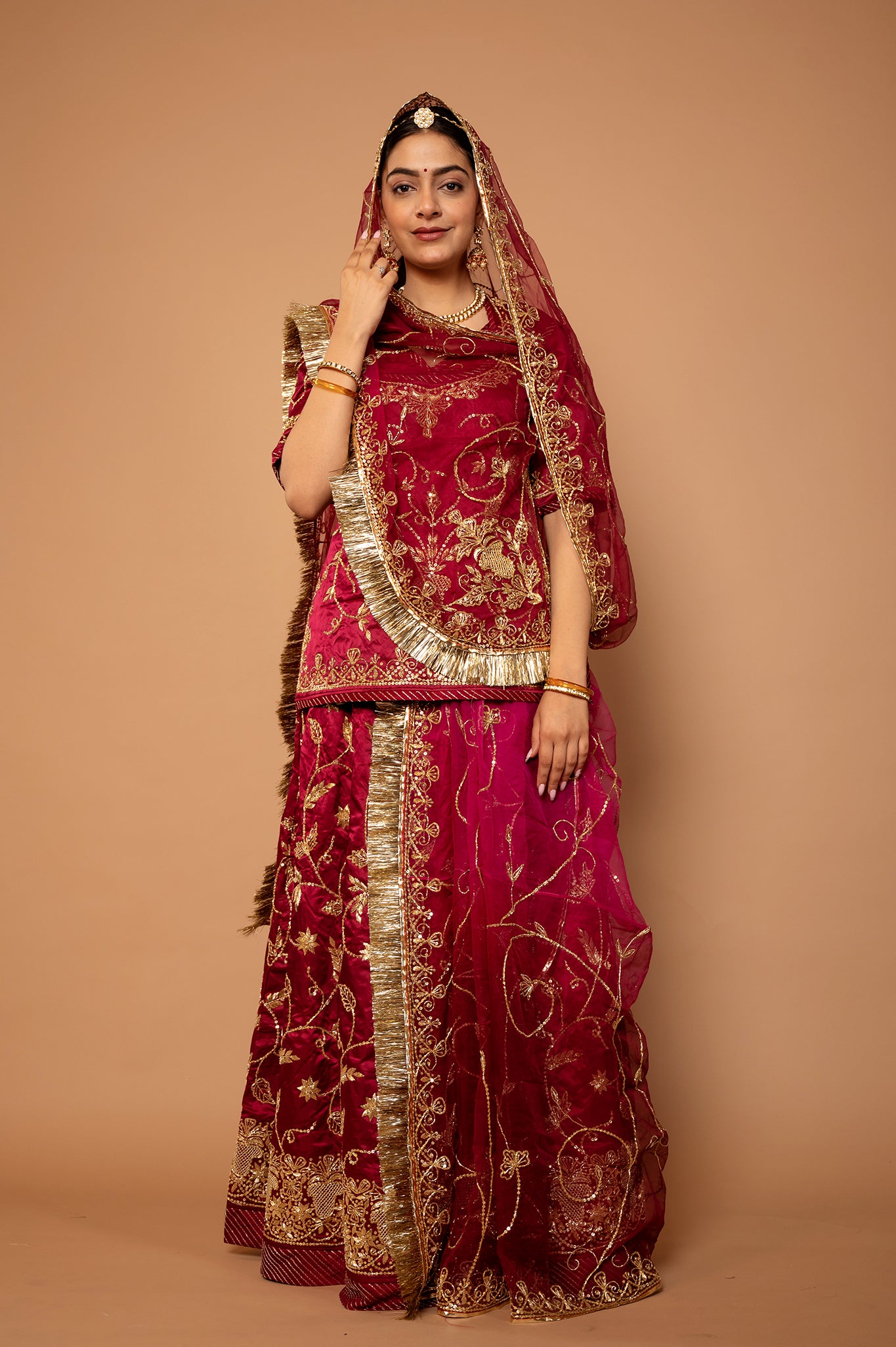 Mulberry pure silk Satin zardozi handwork rajputi Poshak with pure odhna