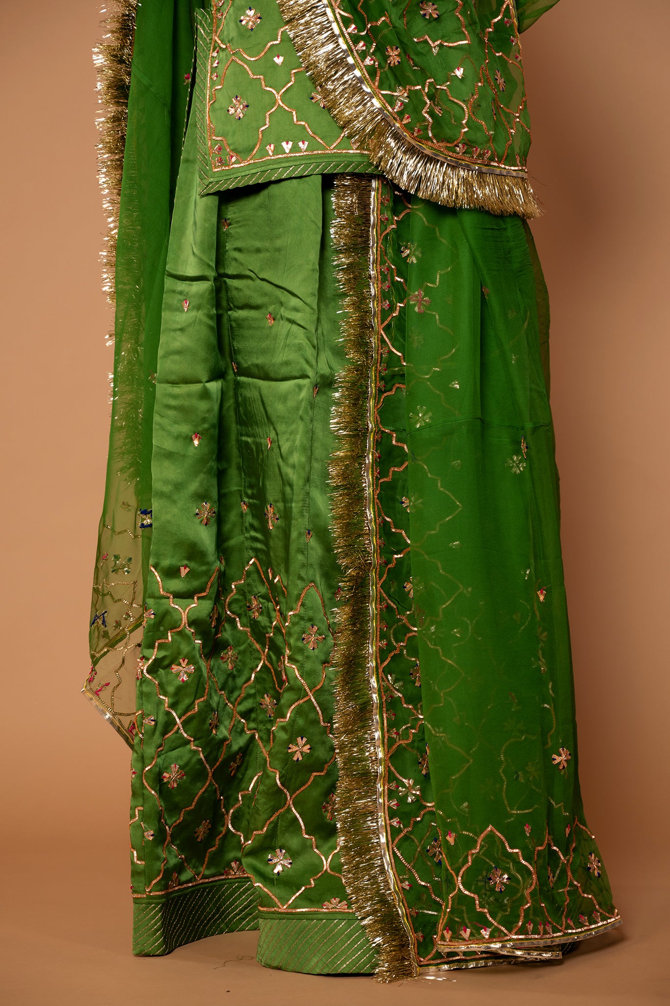 forest green Bamber Satin Sikhiya Gotta  handwork rajputi Poshak with pure odhna