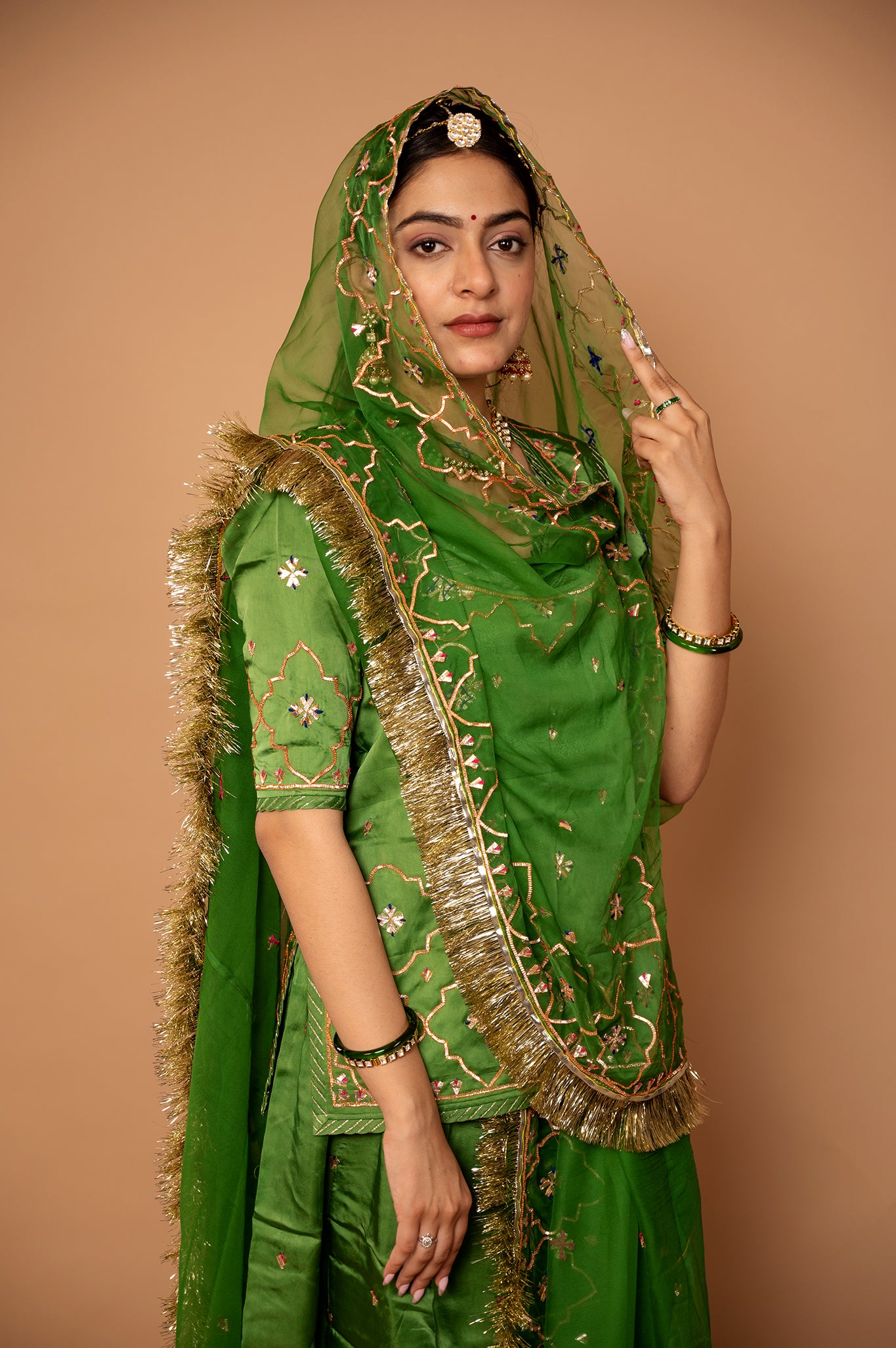 forest green Bamber Satin Sikhiya Gotta  handwork rajputi Poshak with pure odhna