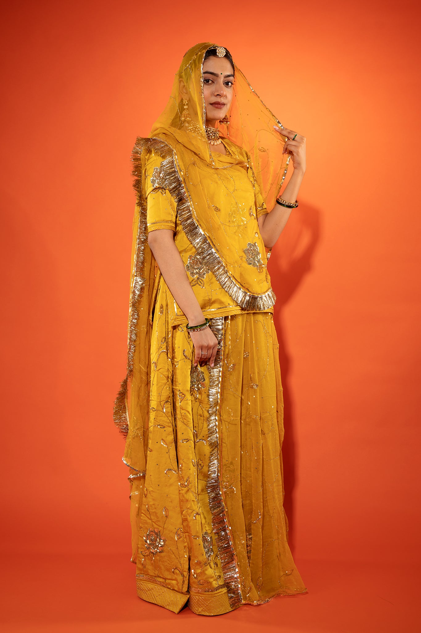 Metallic gold bamber satin sequins   handwork rajputi Poshak with pure odhna