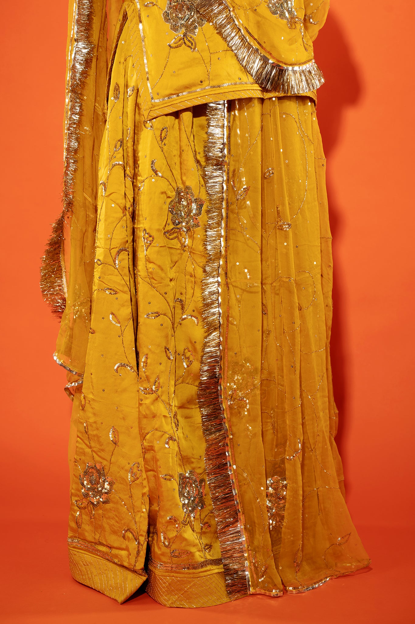 Metallic gold bamber satin sequins   handwork rajputi Poshak with pure odhna