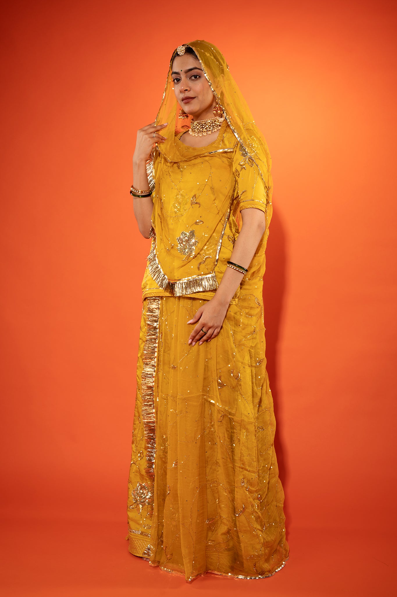 Metallic gold bamber satin sequins   handwork rajputi Poshak with pure odhna