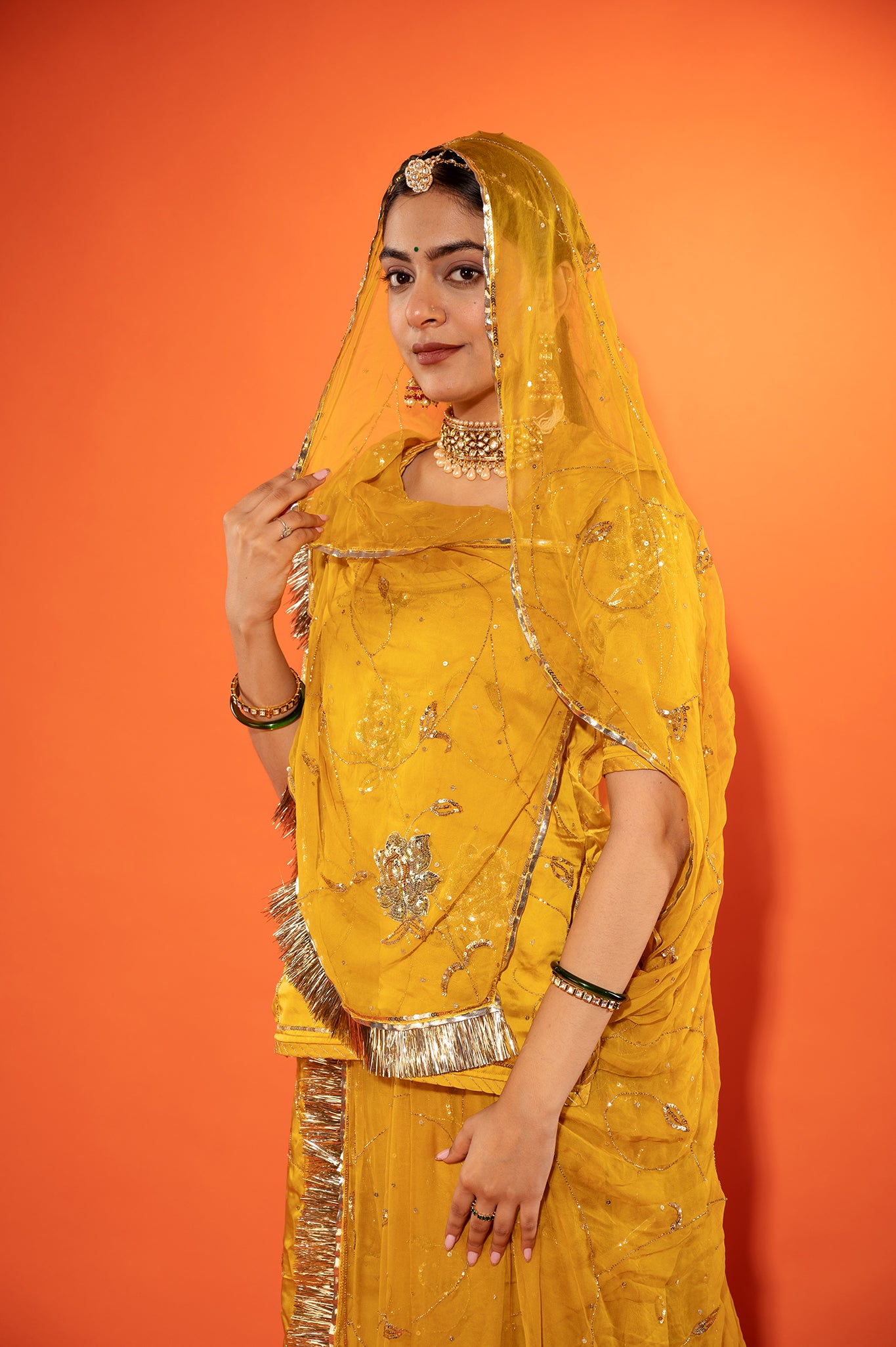 Metallic gold bamber satin sequins   handwork rajputi Poshak with pure odhna