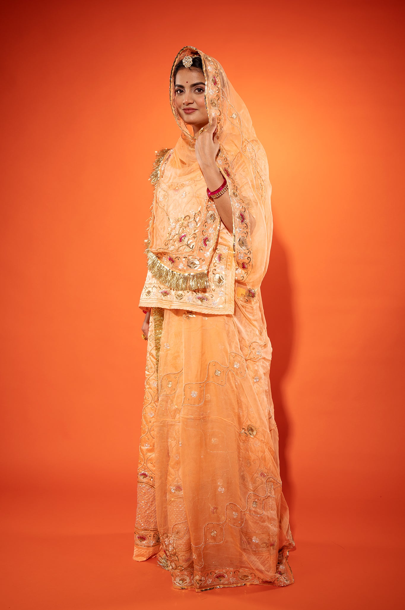peach pure silk Satin aari zardozi handwork rajputi Poshak with pure odhna