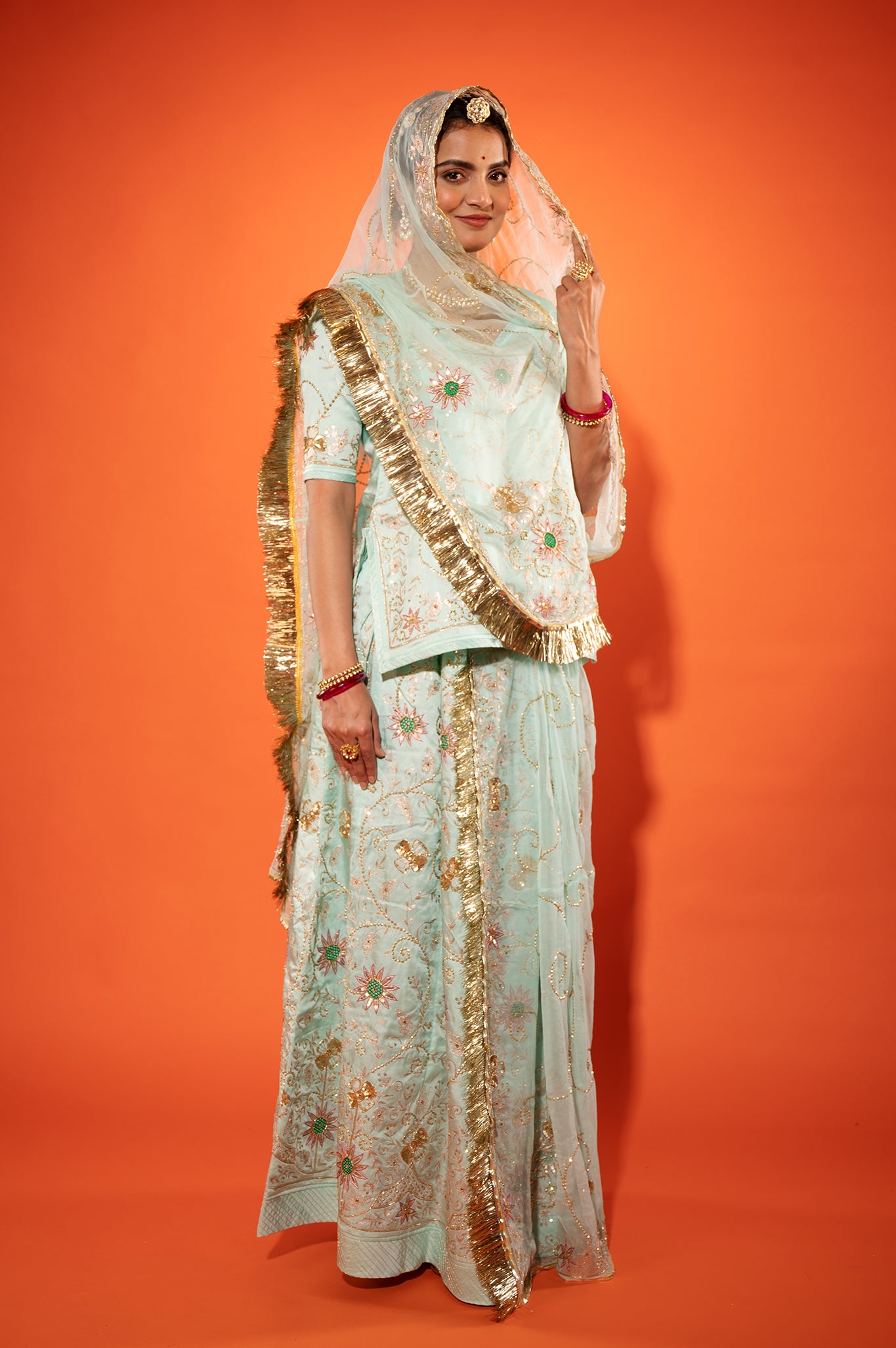 baby blue bamber satin aari sequins handwork rajputi Poshak with pure odhna