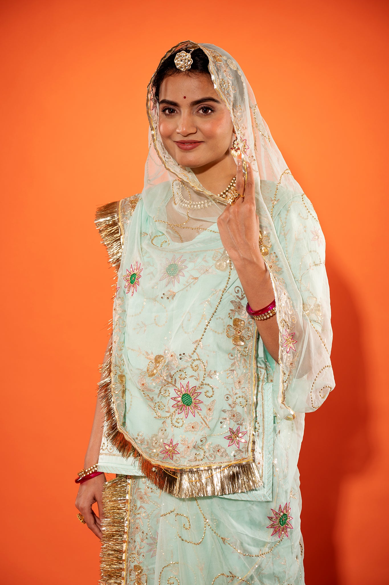 baby blue bamber satin aari sequins handwork rajputi Poshak with pure odhna