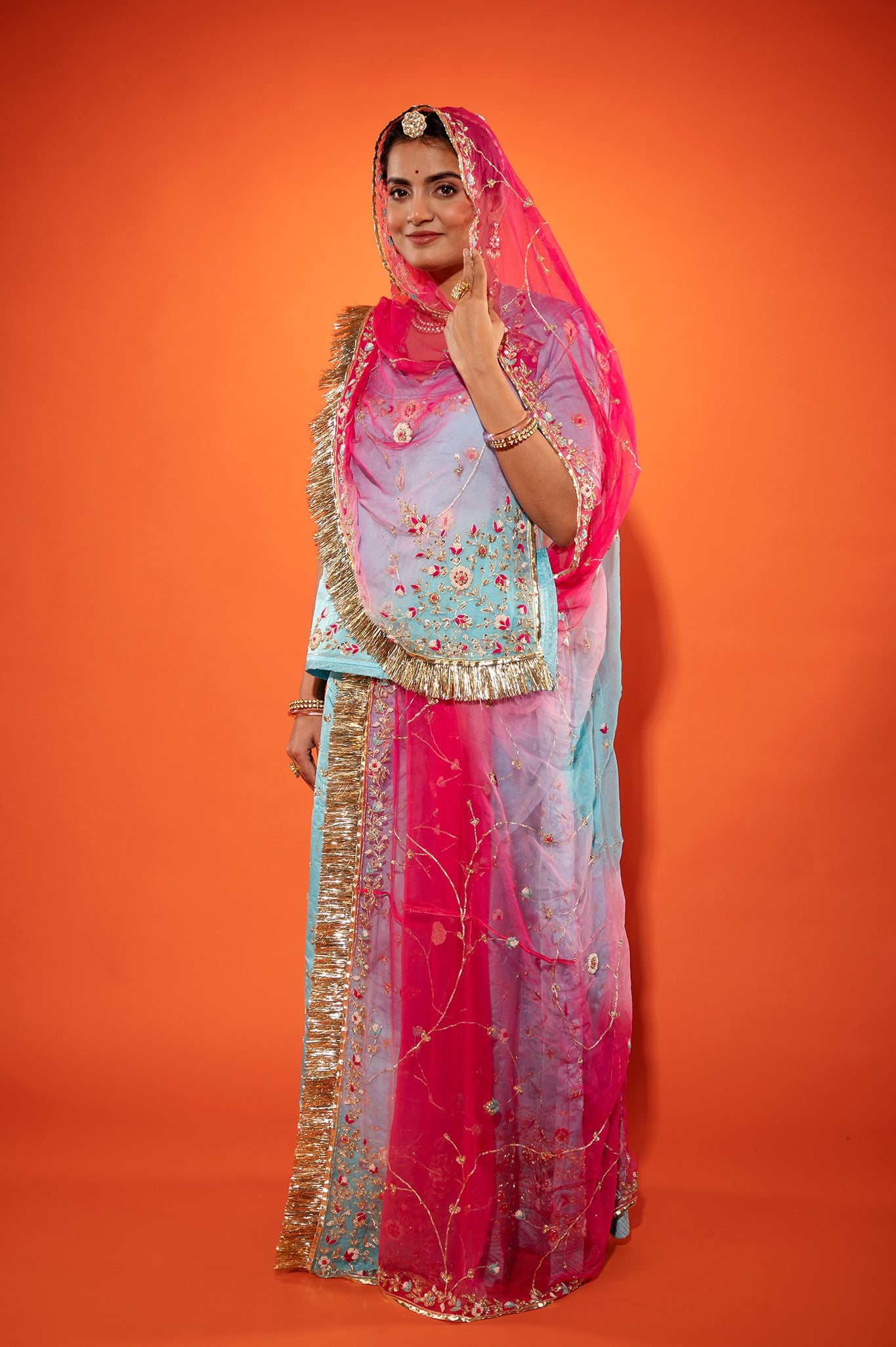 Sky blue bamber satin zardozi handwork rajputi Poshak  with Pure odhna