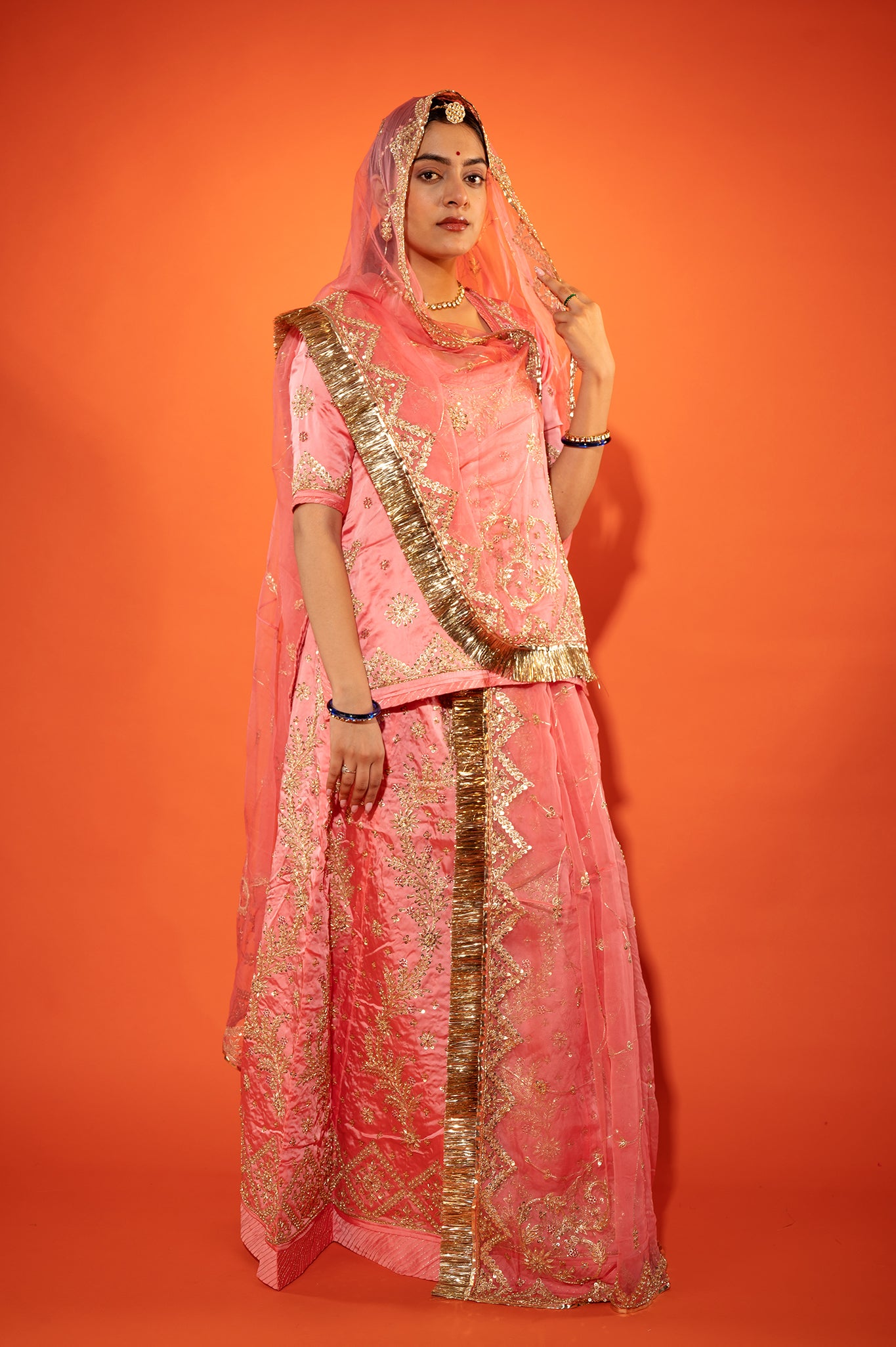 Salmon bamber satin zardozi handwork rajputi Poshak  with Pure odhna