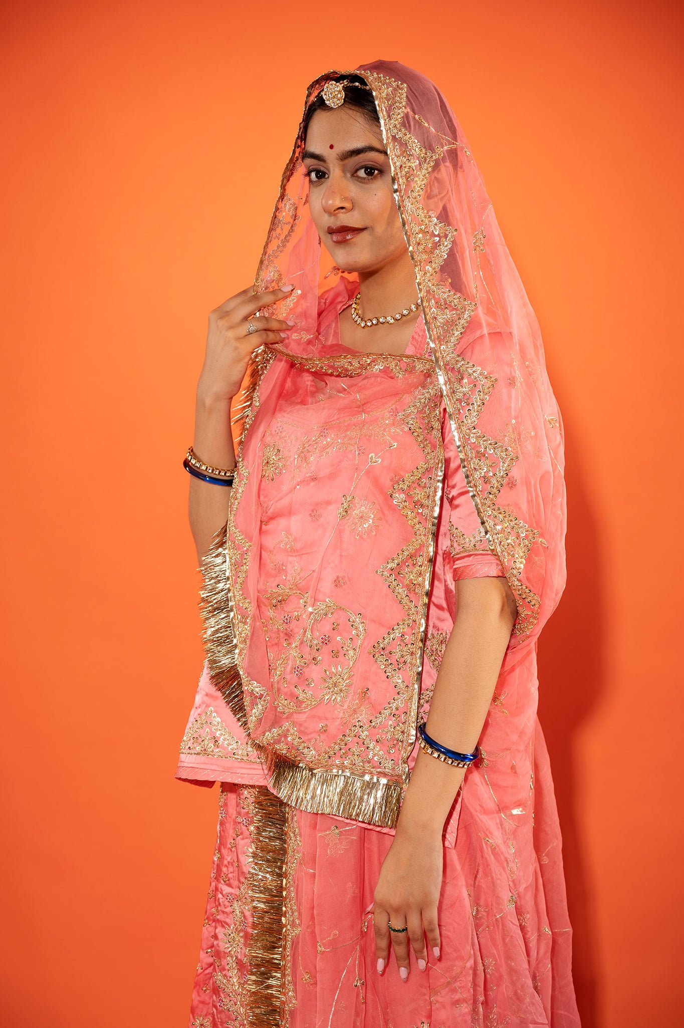 Salmon bamber satin zardozi handwork rajputi Poshak  with Pure odhna