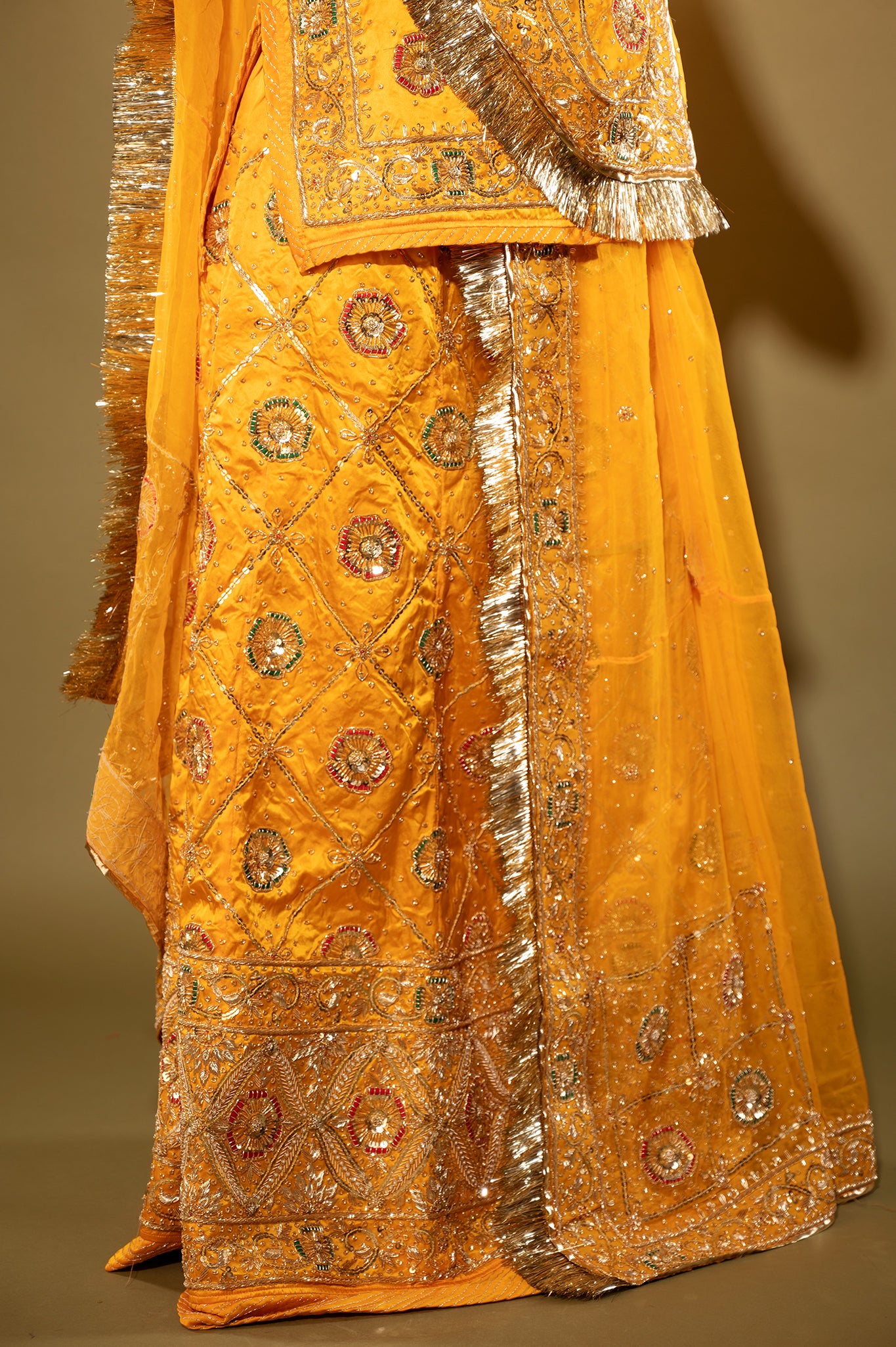 yellow Pure Silk Satin zardozi handwork rajputi Poshak  with Pure odhna