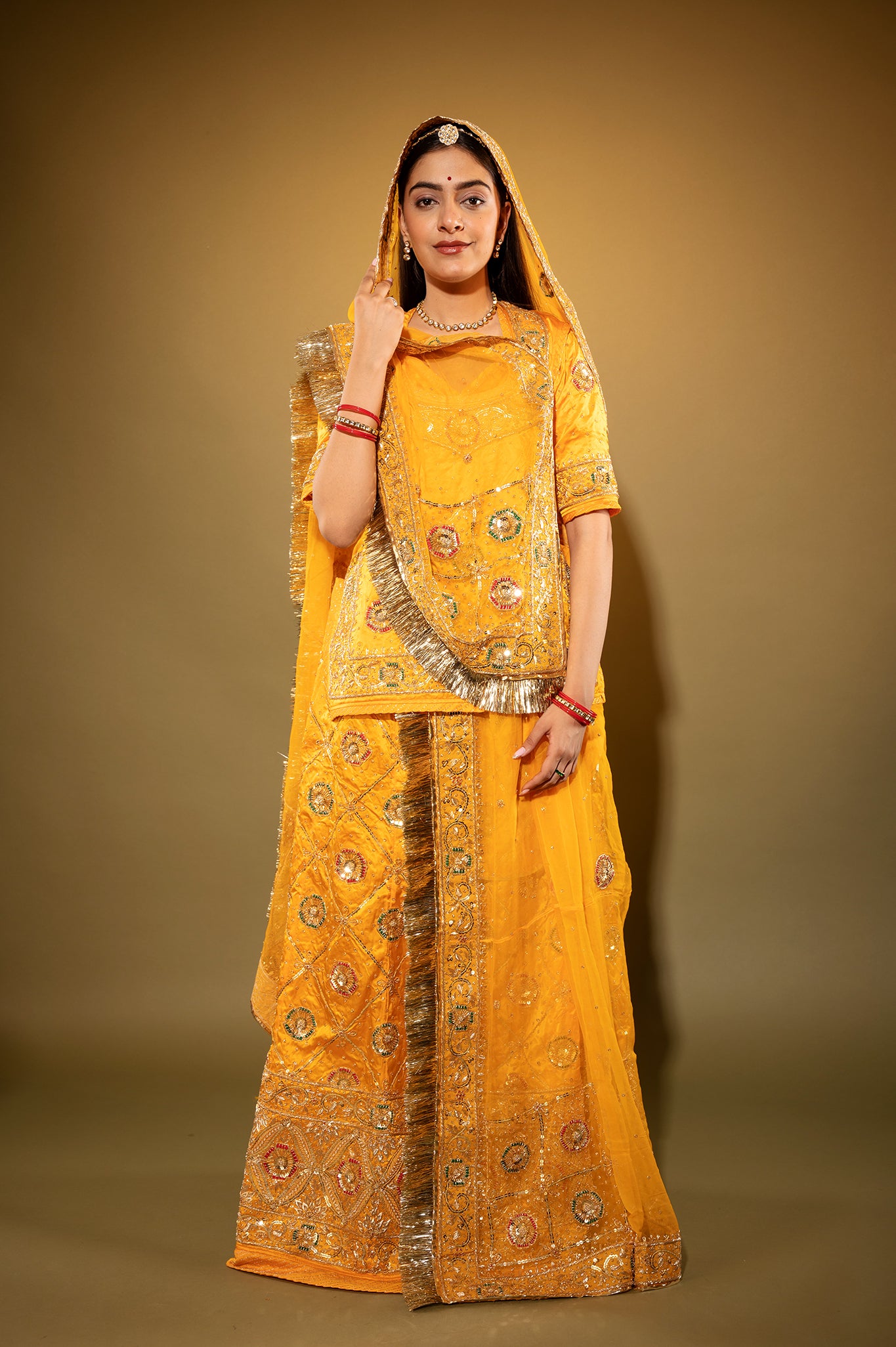 yellow Pure Silk Satin zardozi handwork rajputi Poshak  with Pure odhna