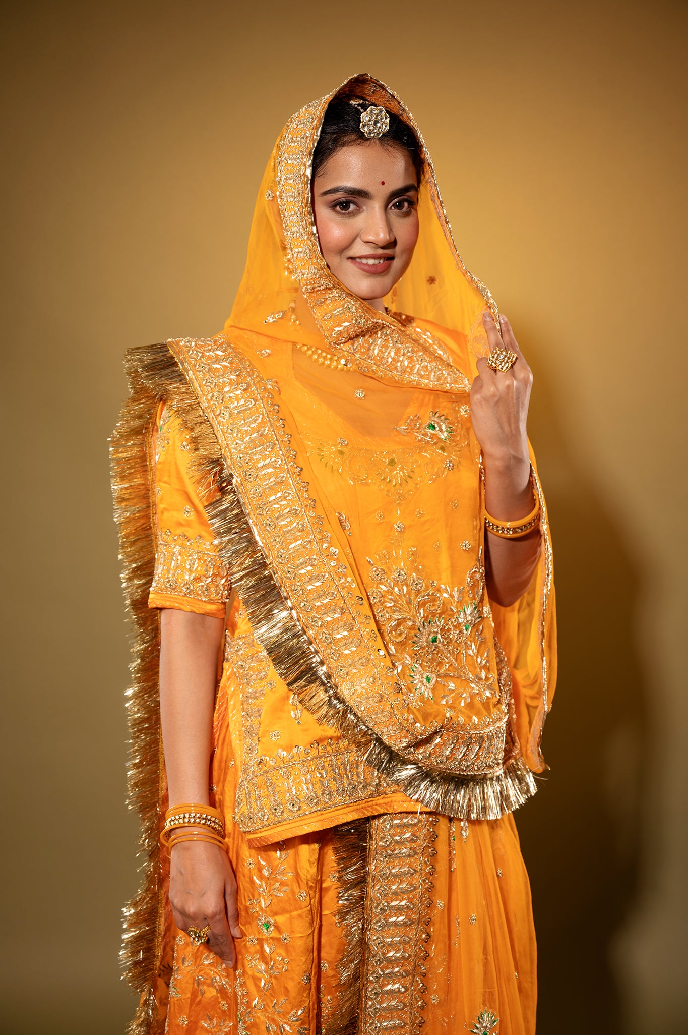 kesariya Pure Silk Satin zardozi handwork rajputi Poshak  with Pure odhna