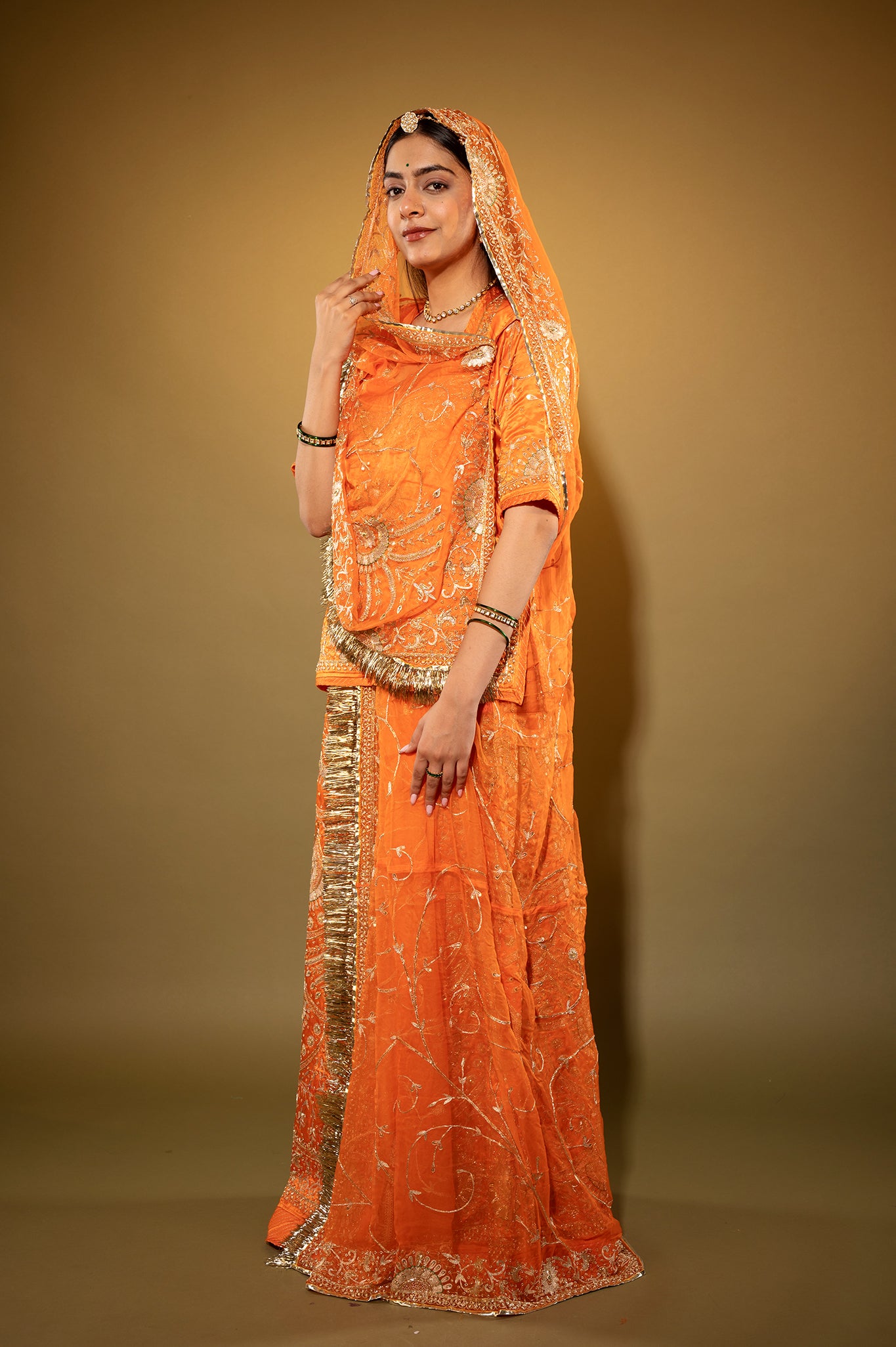 orange Pure Silk Satin zardozi handwork rajputi Poshak  with Pure odhna
