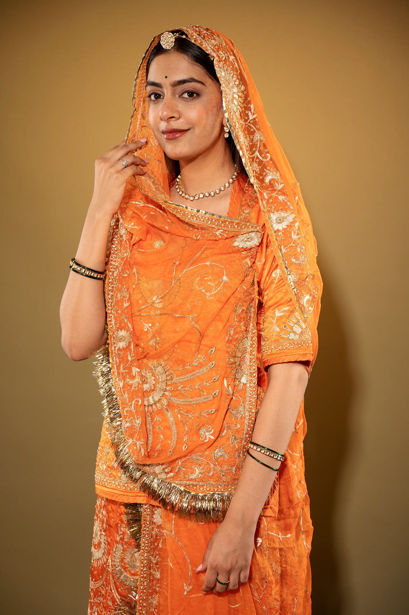 orange Pure Silk Satin zardozi handwork rajputi Poshak  with Pure odhna