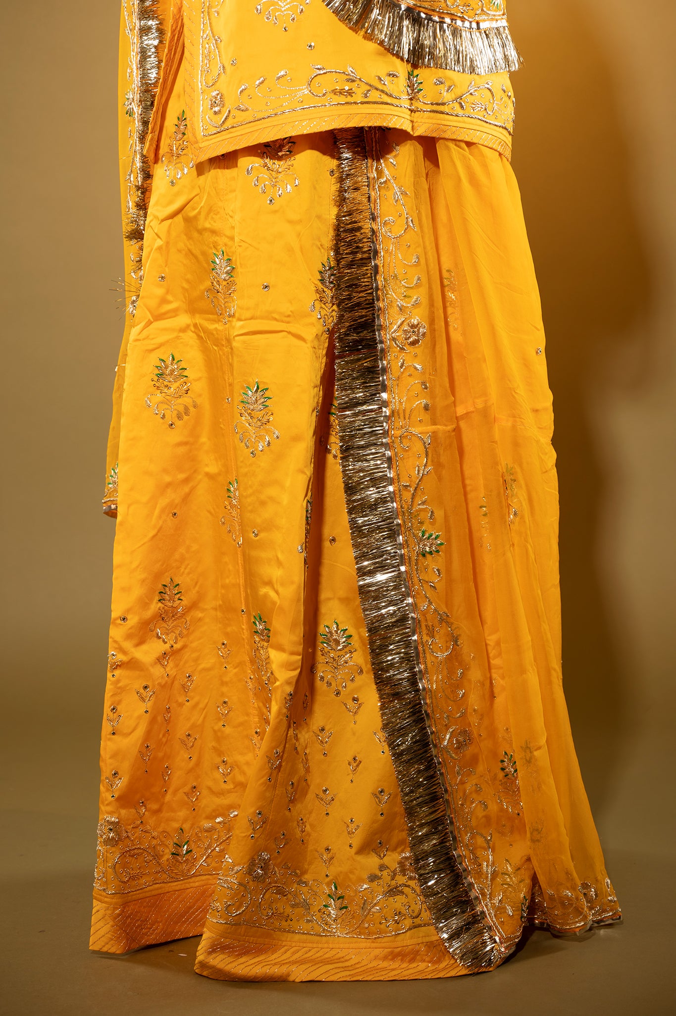 yellow bamber satin zardozi handwork rajputi Poshak  with Pure odhna