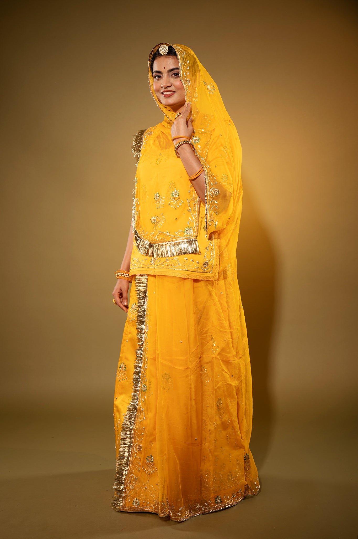 yellow bamber satin zardozi handwork rajputi Poshak  with Pure odhna
