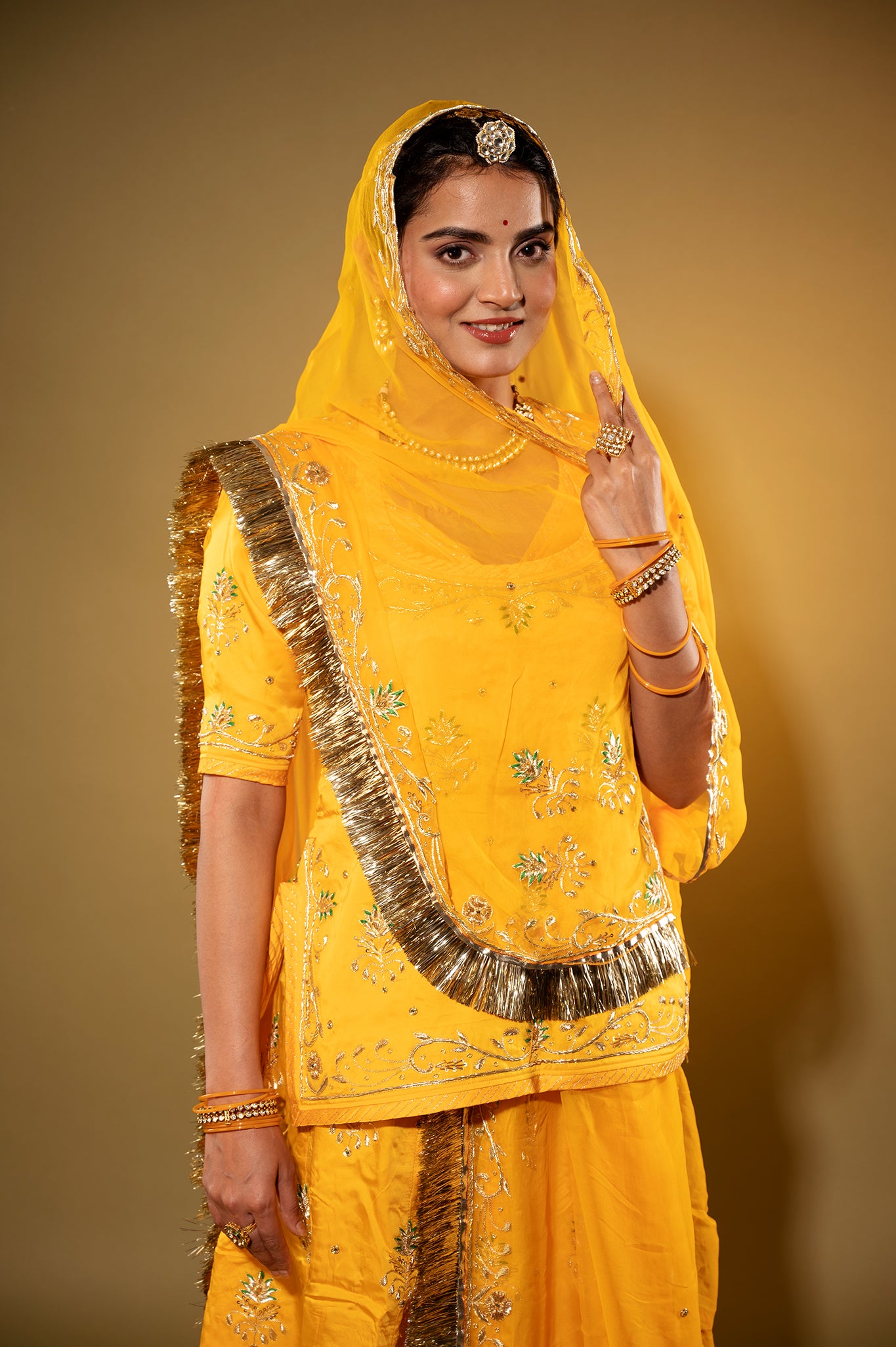 yellow bamber satin zardozi handwork rajputi Poshak  with Pure odhna