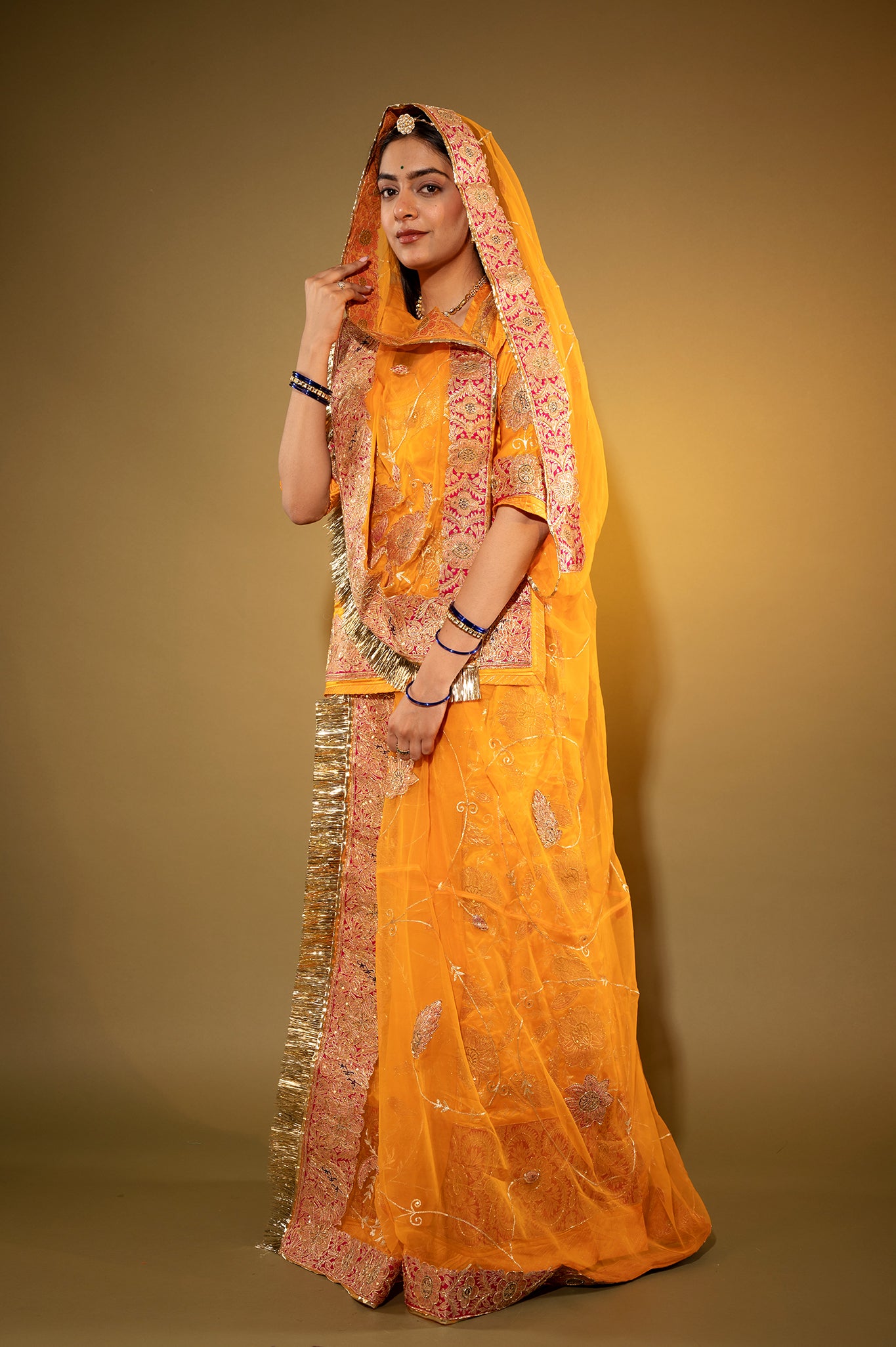 kesariya  Pure Silk Satin chanderi handwork rajputi Poshak  with Pure odhna