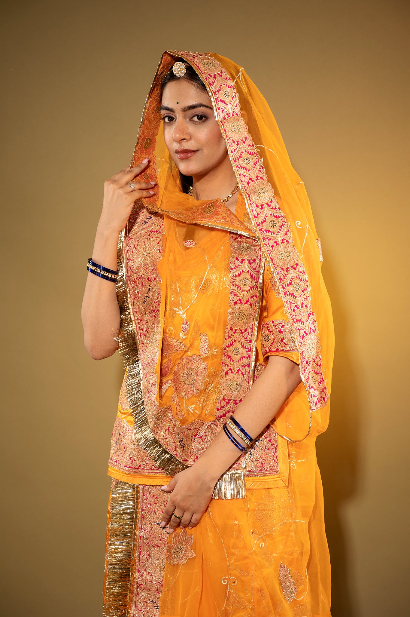 kesariya  Pure Silk Satin chanderi handwork rajputi Poshak  with Pure odhna