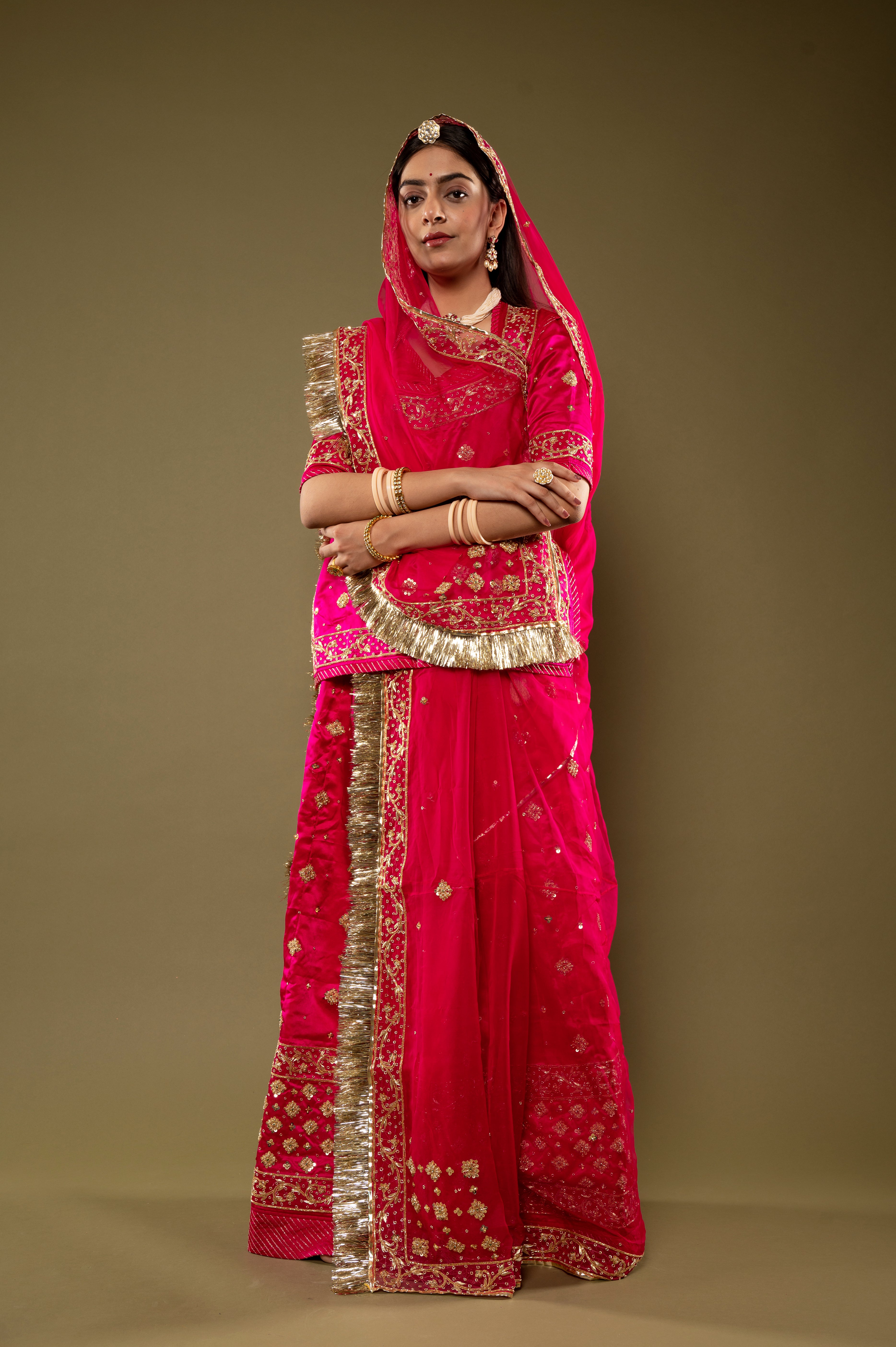 Rani bamber satin Zardozi Border Butti handwork Rajputi Poshak  with Pure odhna