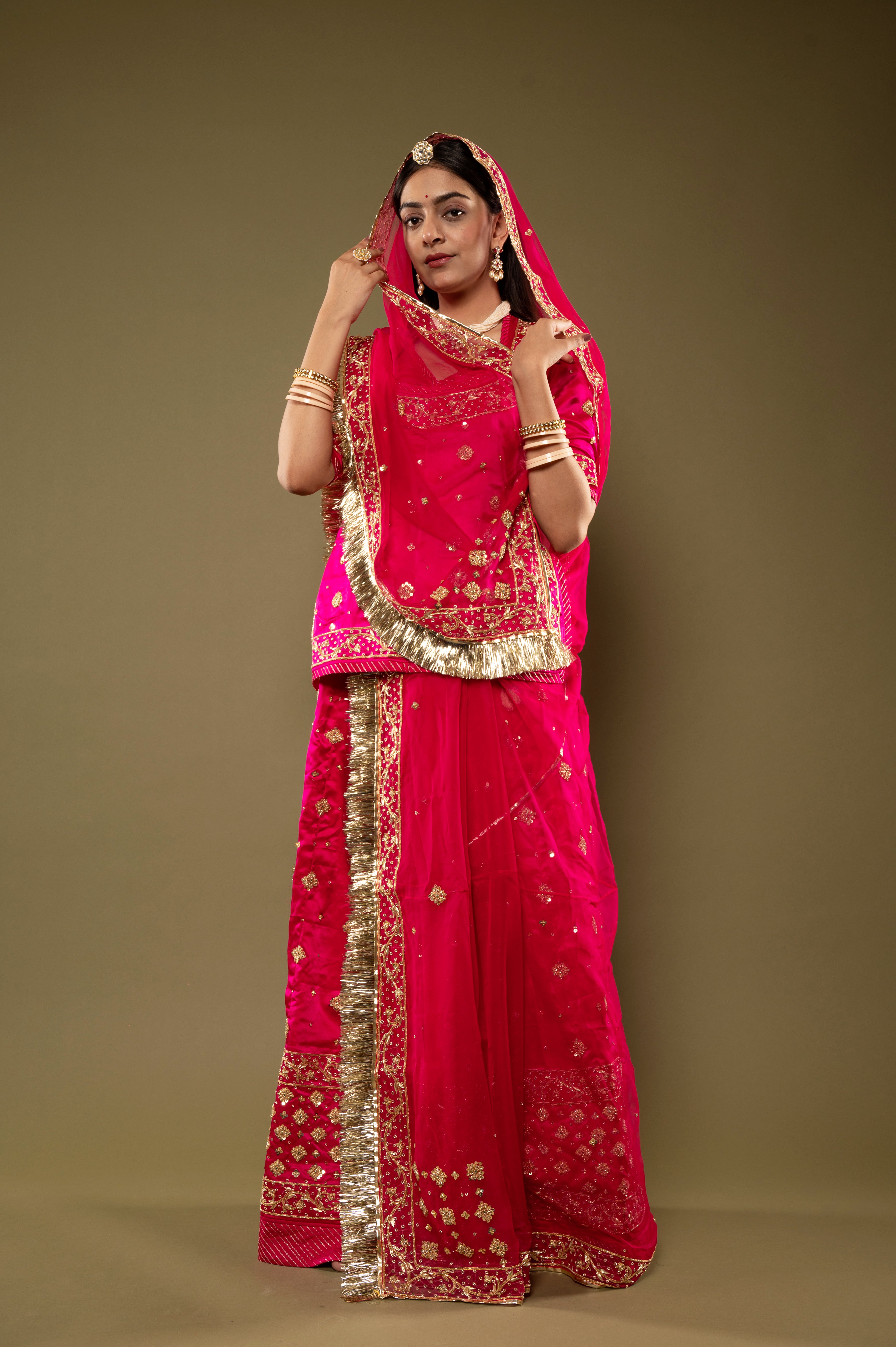 Rani bamber satin Zardozi Border Butti handwork Rajputi Poshak  with Pure odhna