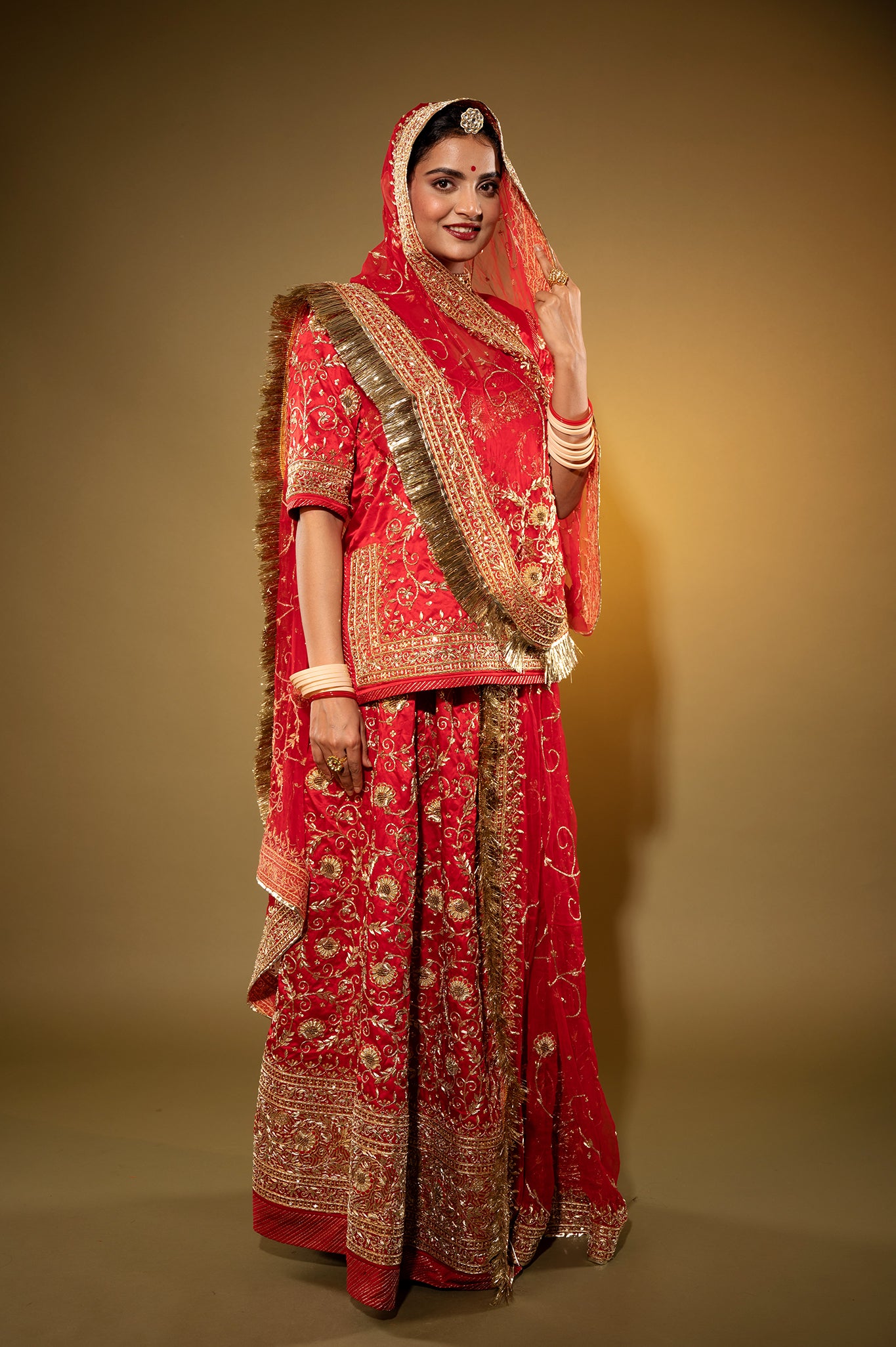 red Pure Silk Satin zardozi handwork rajputi Poshak  with Pure odhna