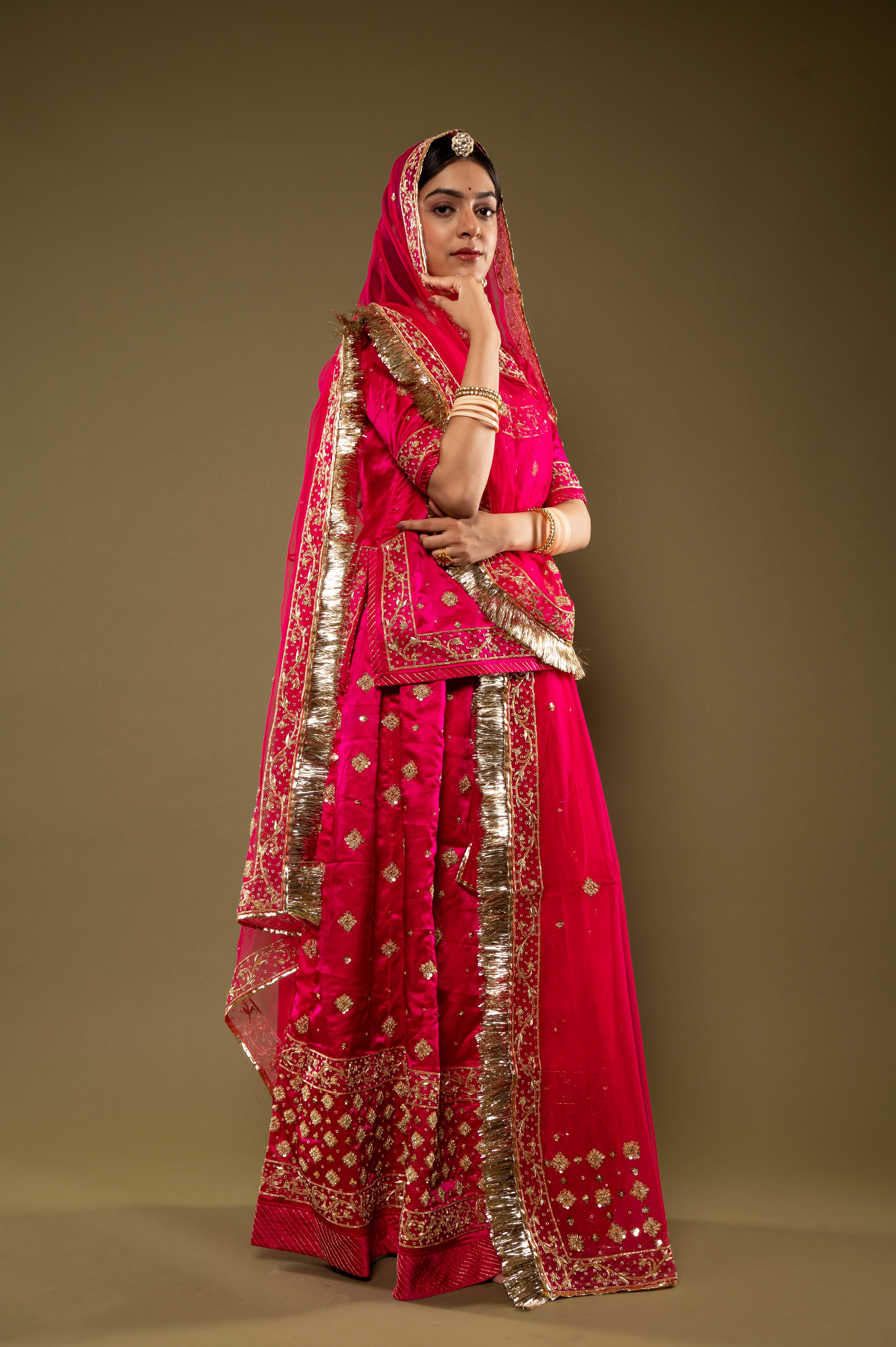 Rani bamber satin Zardozi Border Butti handwork Rajputi Poshak  with Pure odhna