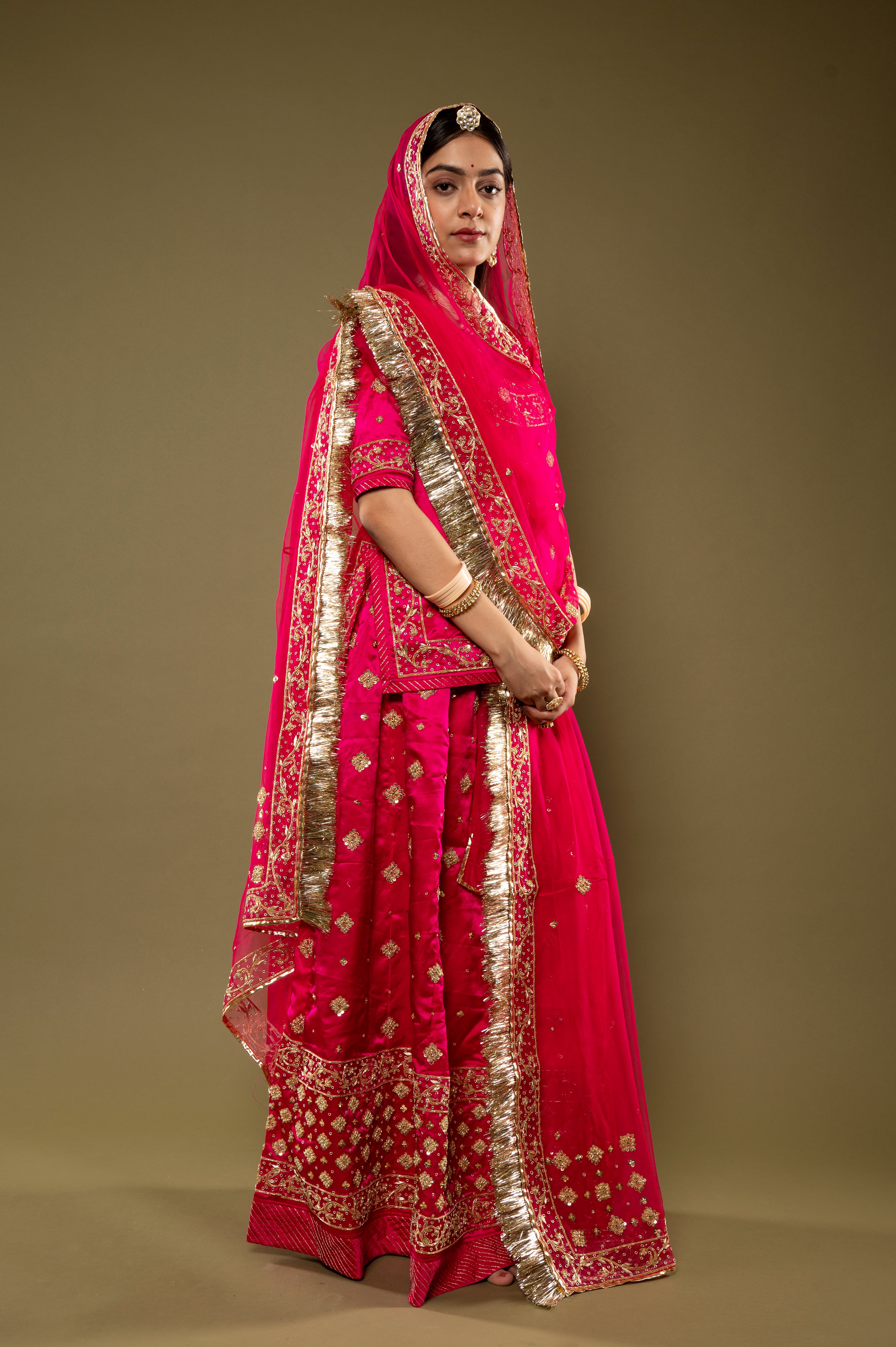 Rani bamber satin Zardozi Border Butti handwork Rajputi Poshak  with Pure odhna