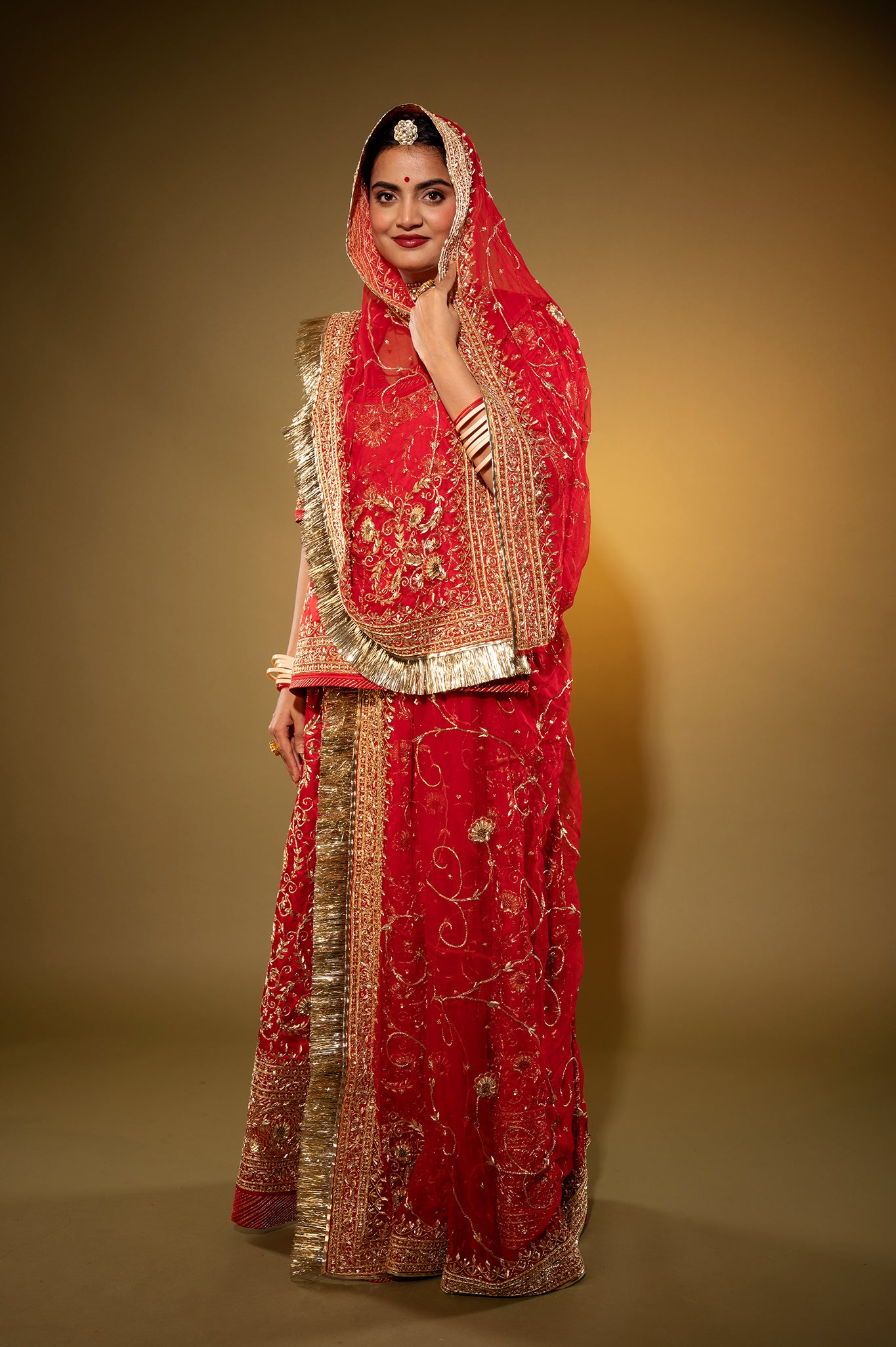 red Pure Silk Satin zardozi handwork rajputi Poshak  with Pure odhna