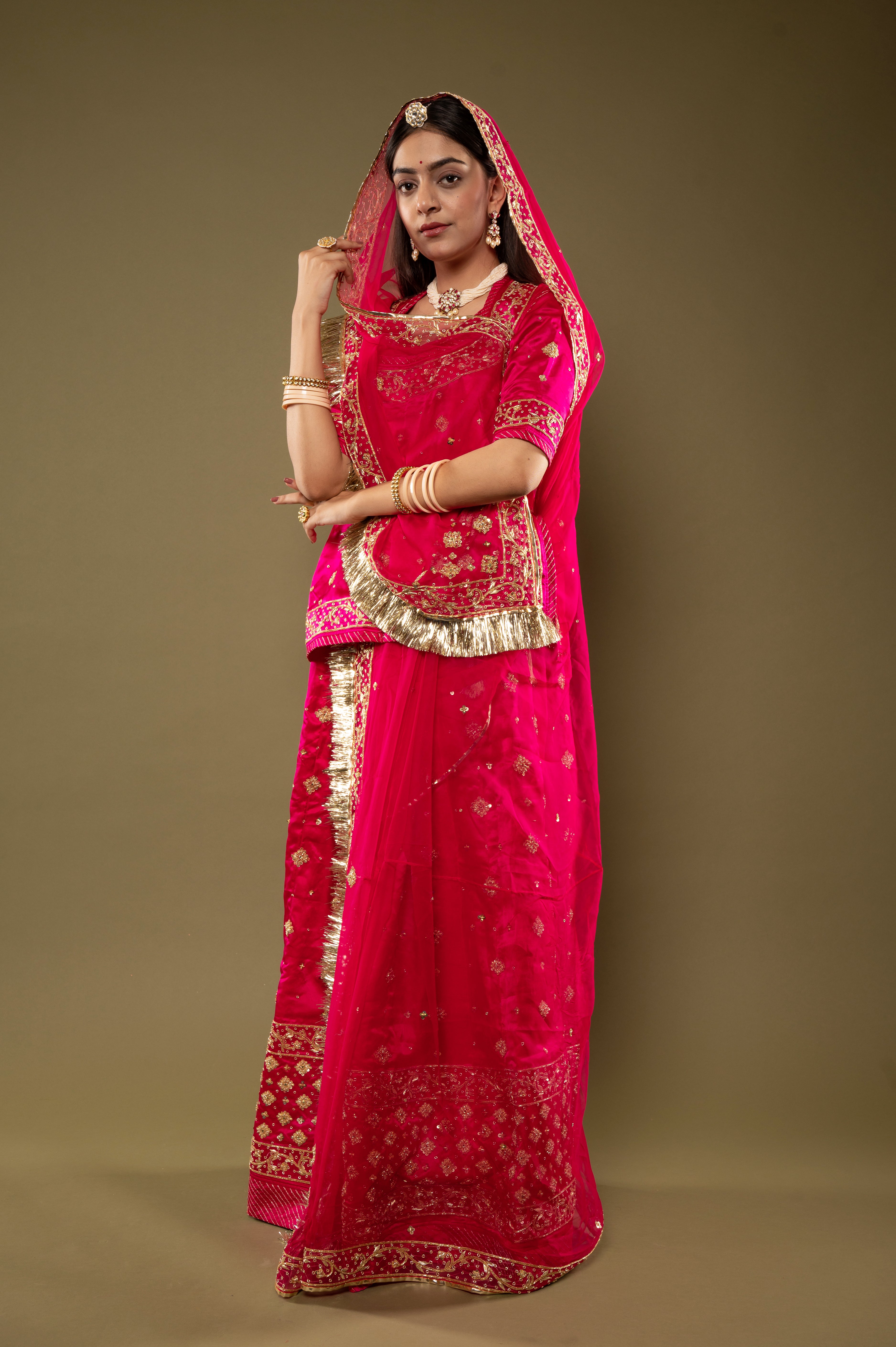 Rani bamber satin Zardozi Border Butti handwork Rajputi Poshak  with Pure odhna