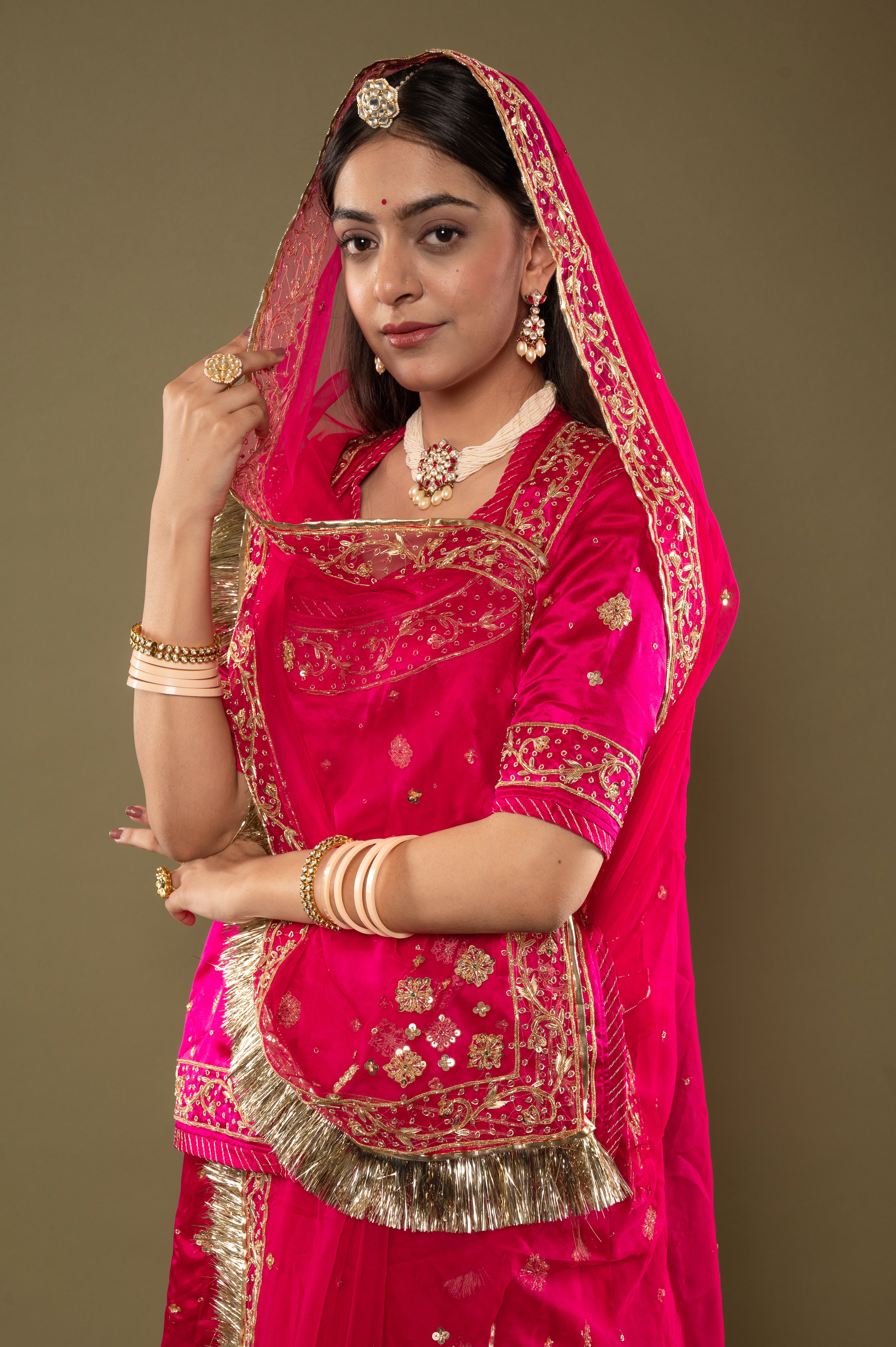 Rani bamber satin Zardozi Border Butti handwork Rajputi Poshak  with Pure odhna