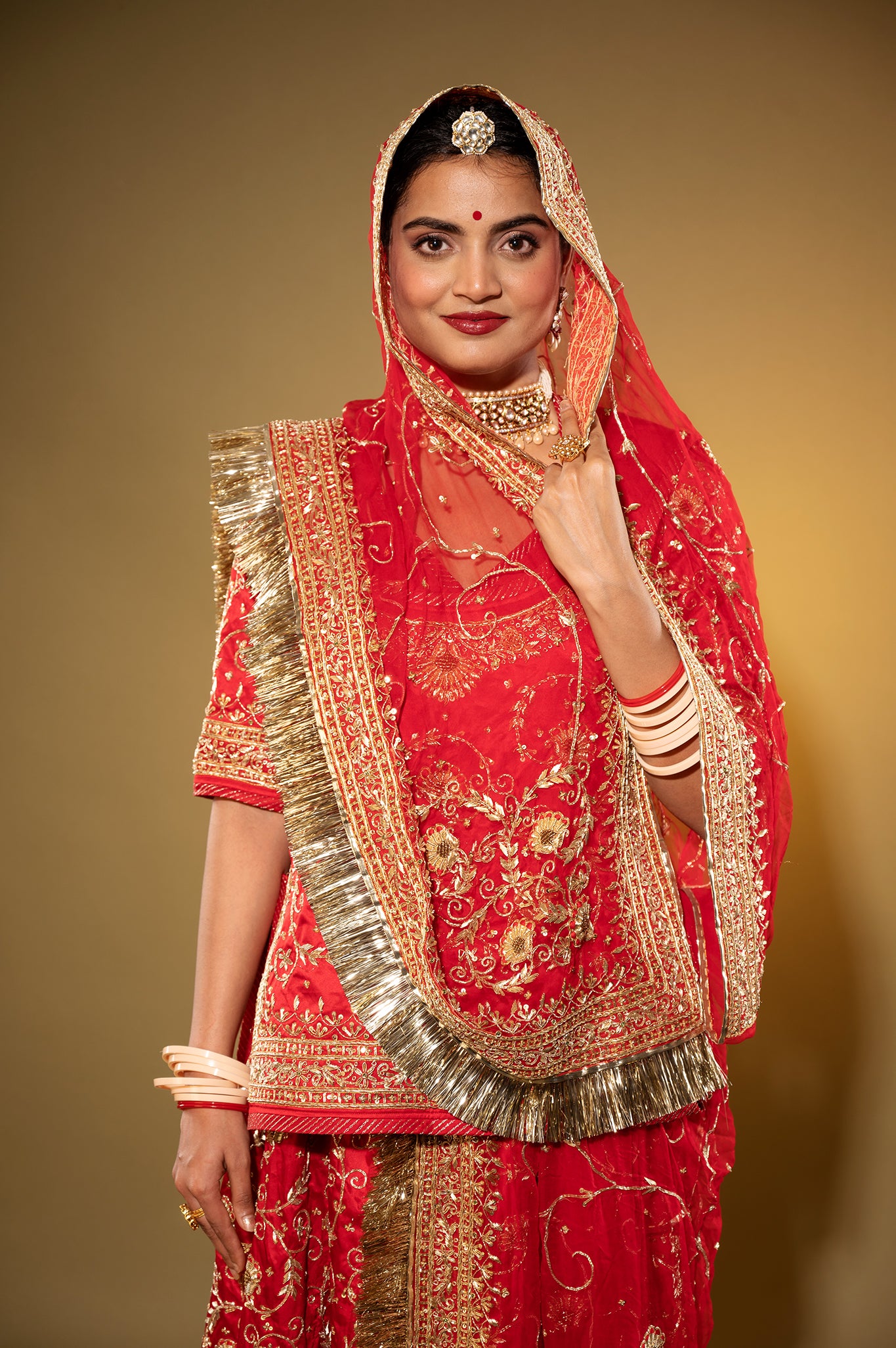 red Pure Silk Satin zardozi handwork rajputi Poshak  with Pure odhna