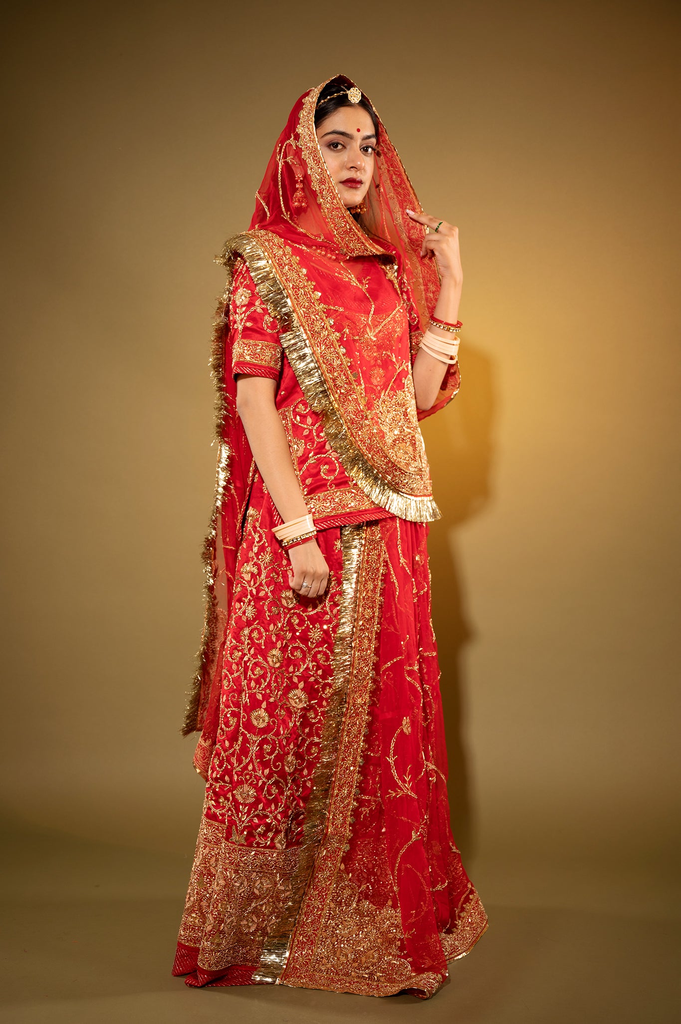 red Pure Silk Satin zardozi handwork rajputi Poshak  with Pure odhna
