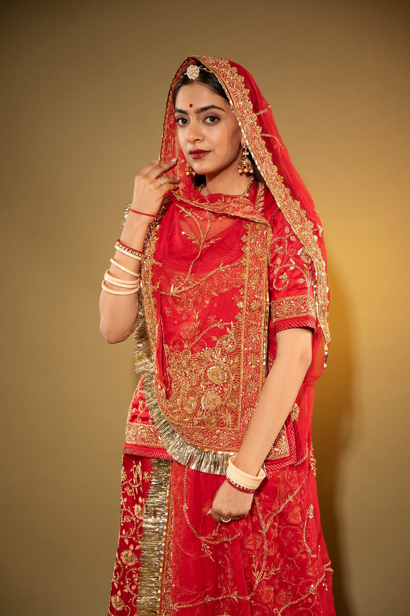 red Pure Silk Satin zardozi handwork rajputi Poshak  with Pure odhna