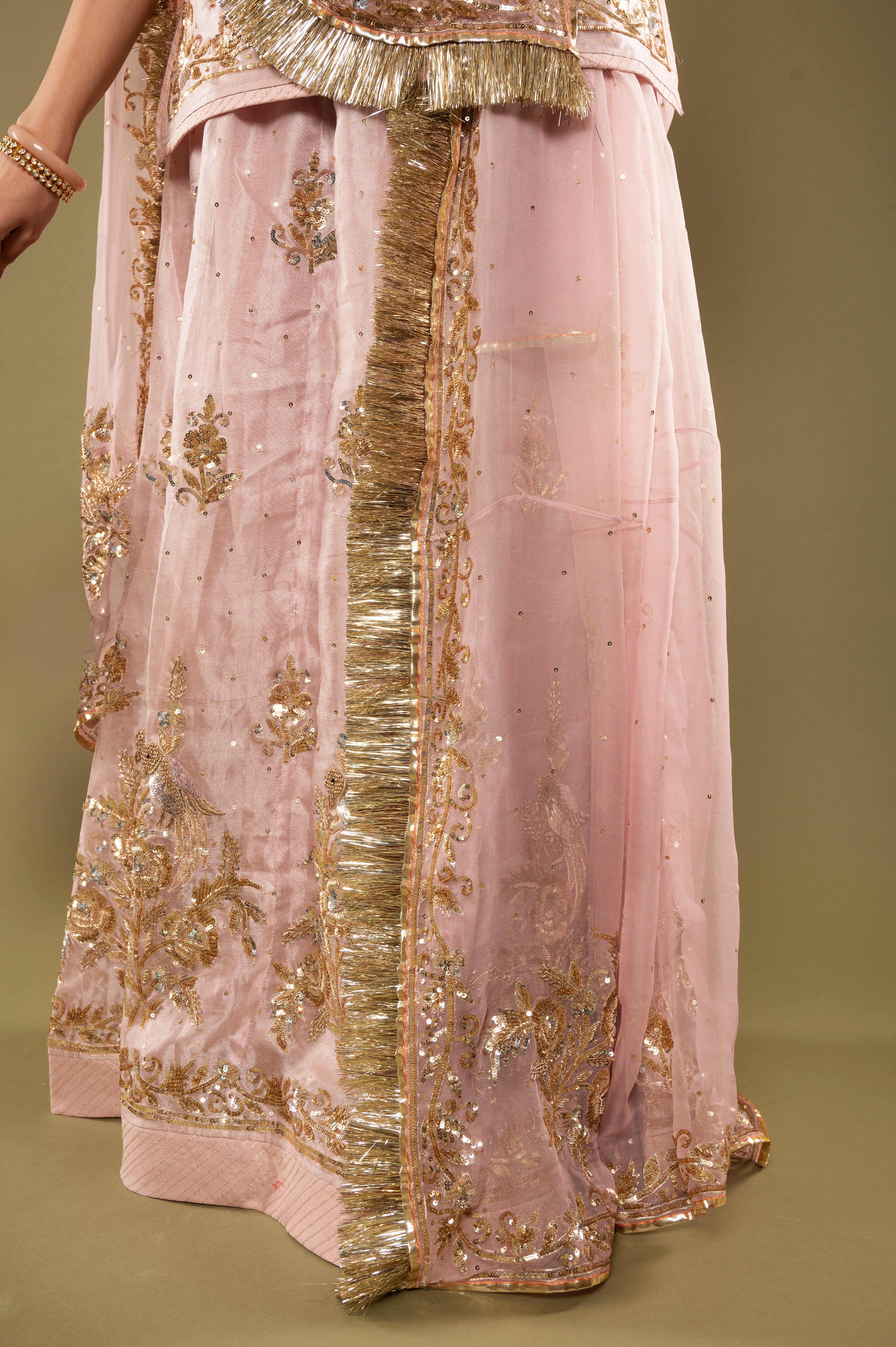 Light Pink Pure Tissue Sequins Kardana Zardozi Border Butti handwork Rajputi Poshak  with Pure odhna