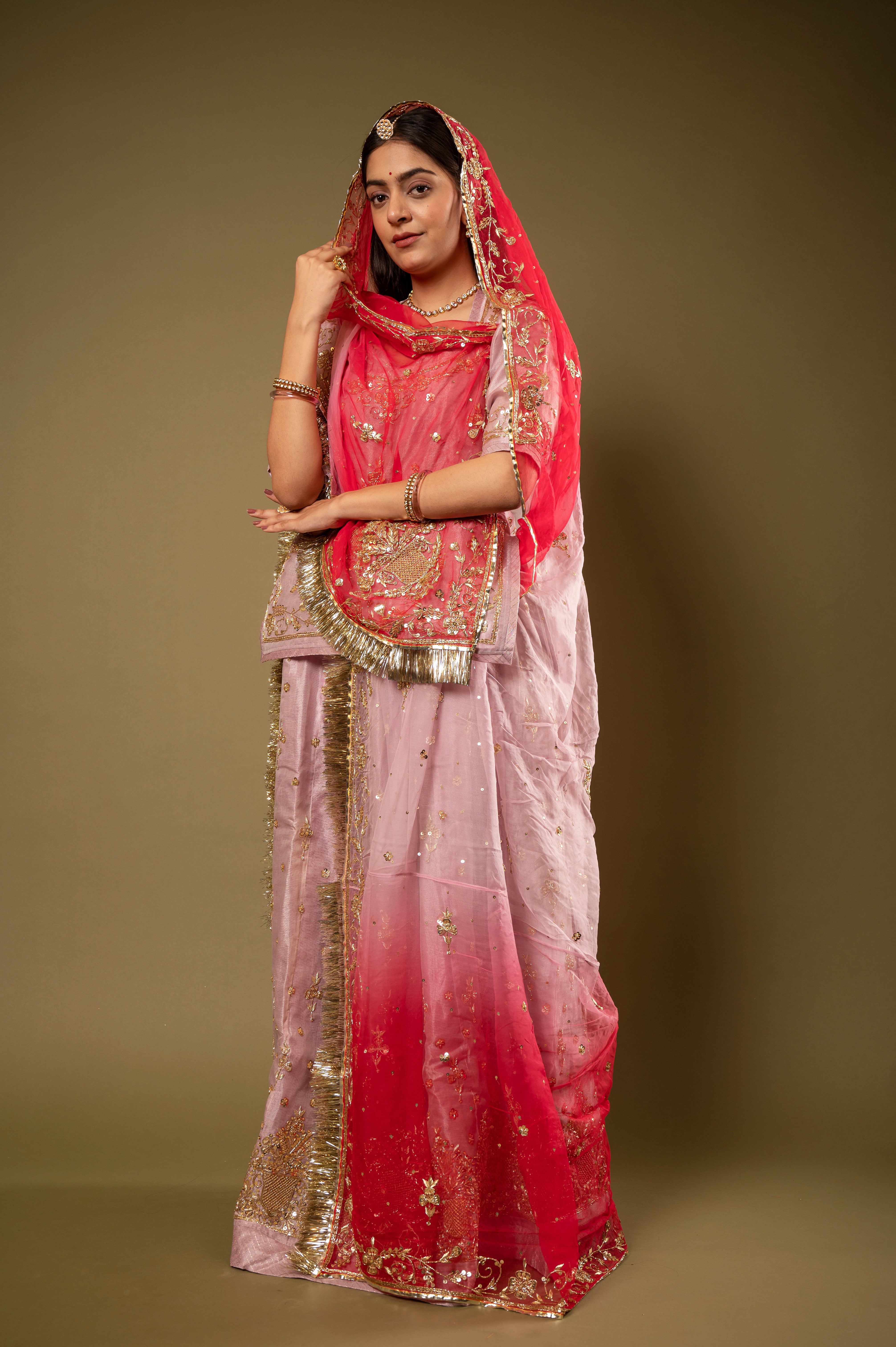 Pink Shaded Odhana Pure Tissue Zardozi Border butti handwork Rajputi Poshak  with Pure odhna