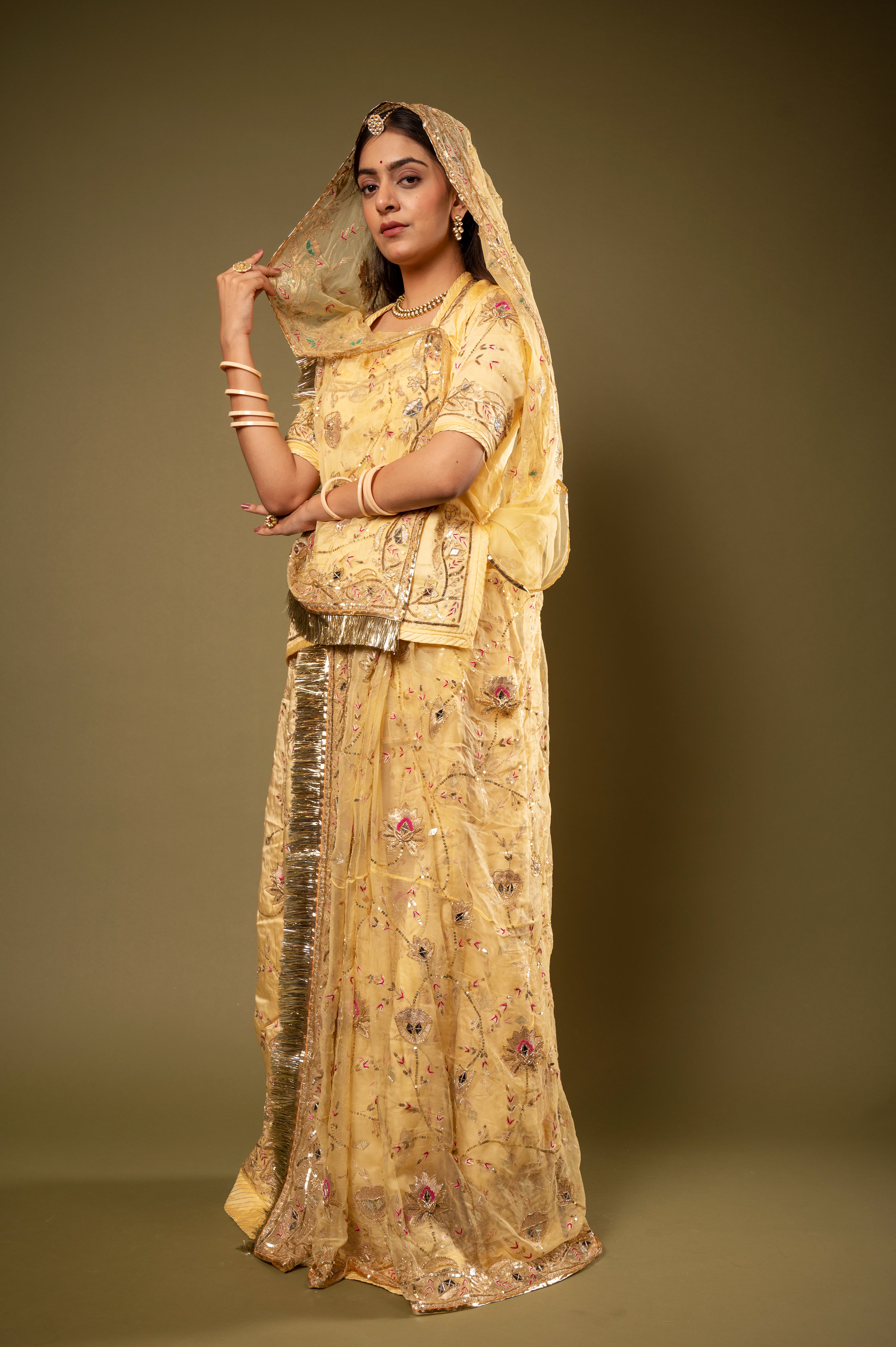 Light Yellow bamber satin Aari Sequins kardana Resham Jaal handwork Rajputi Poshak  with Pure odhna