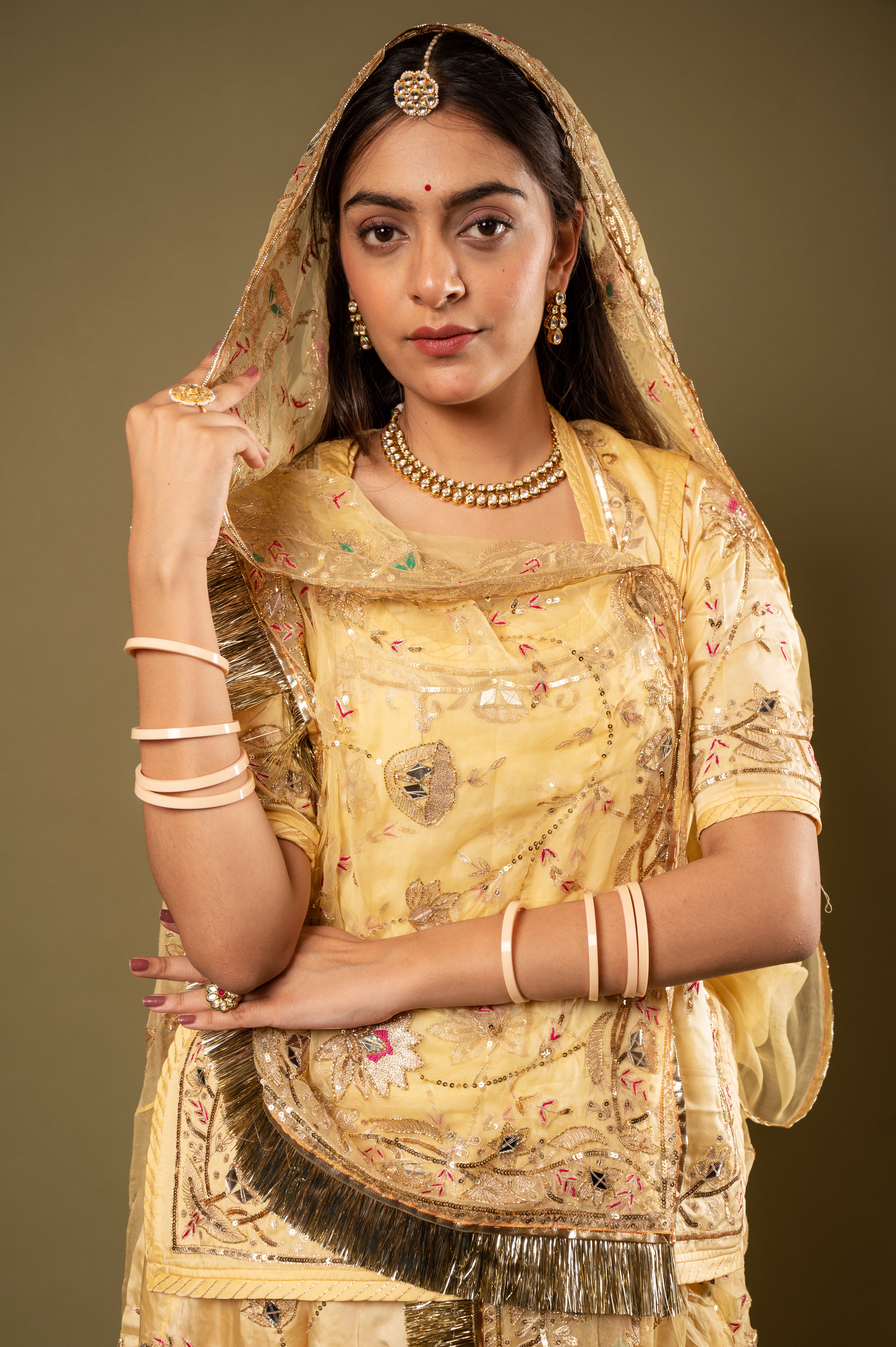 Light Yellow bamber satin Aari Sequins kardana Resham Jaal handwork Rajputi Poshak  with Pure odhna