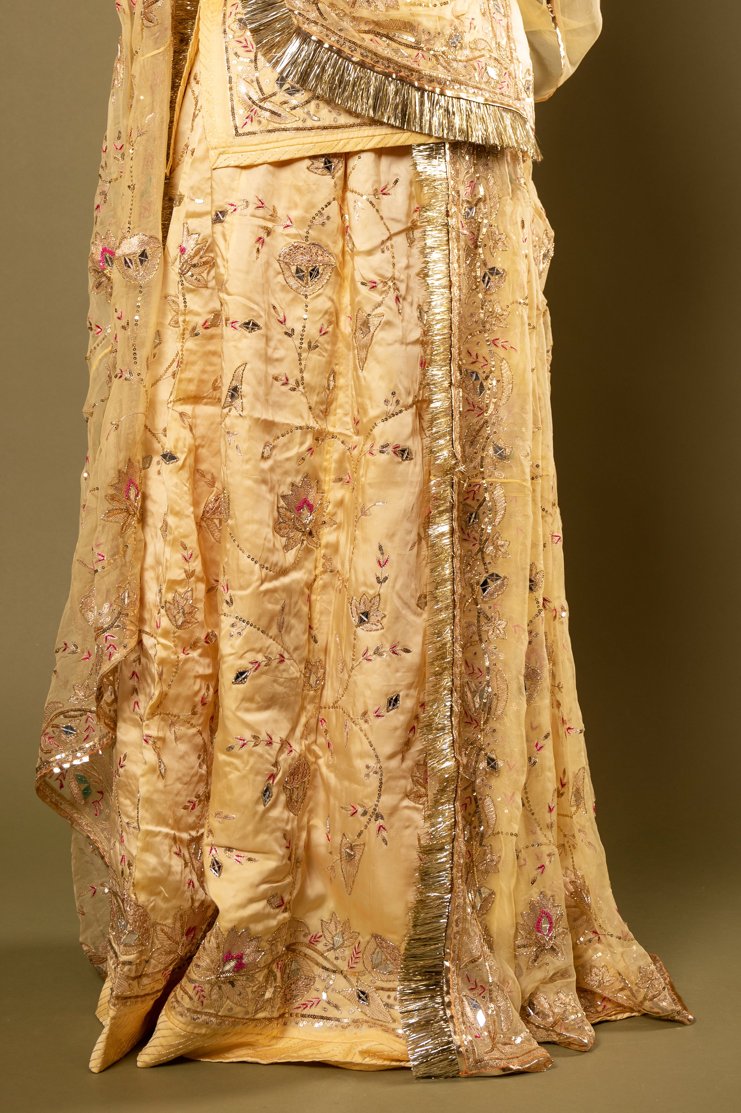 Light Yellow bamber satin Aari Sequins kardana Resham Jaal handwork Rajputi Poshak  with Pure odhna