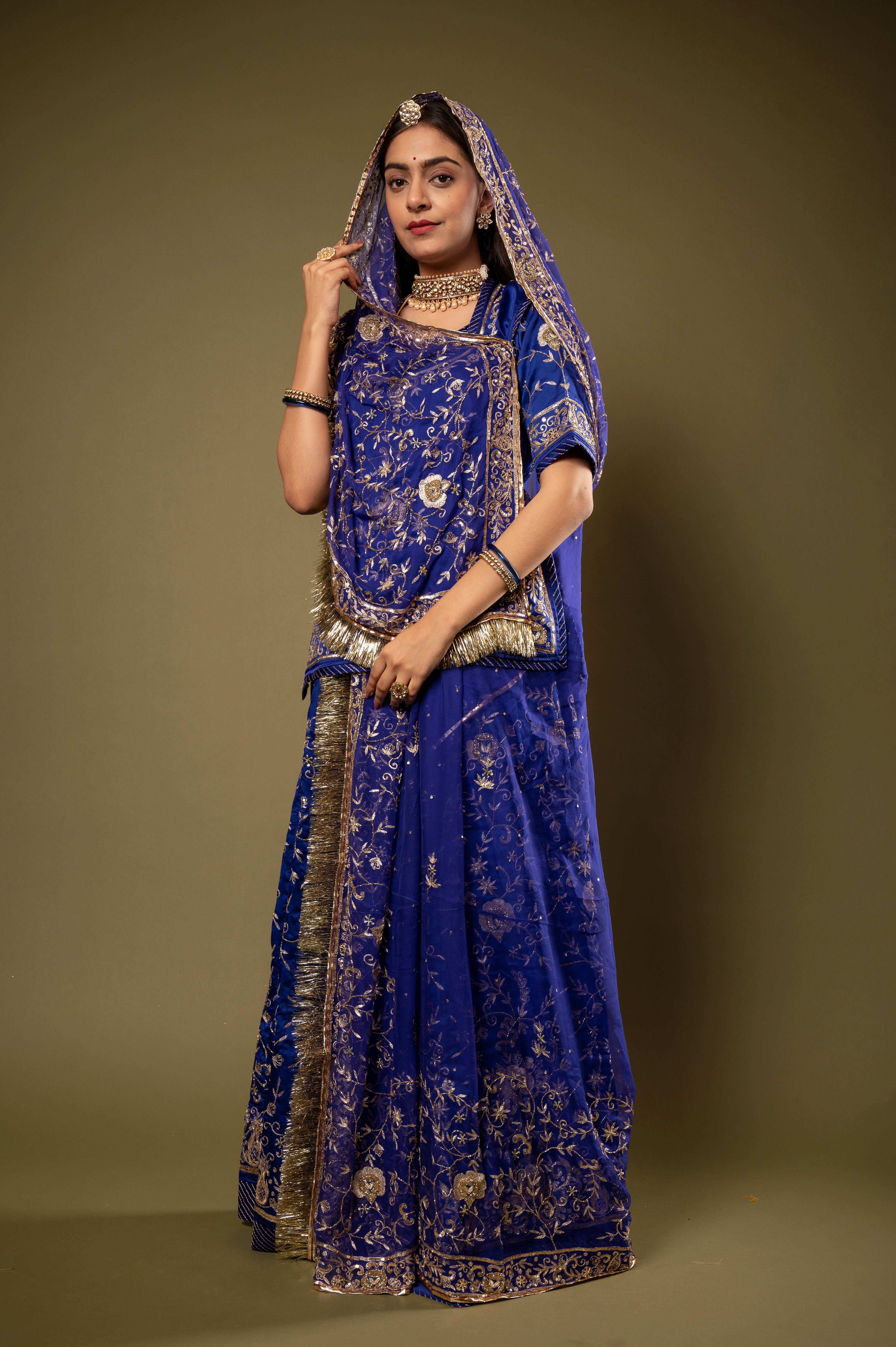 Blue light dark bamber satin Aari Kardana Sequins Jaal handwork Rajputi Poshak  with Pure odhna