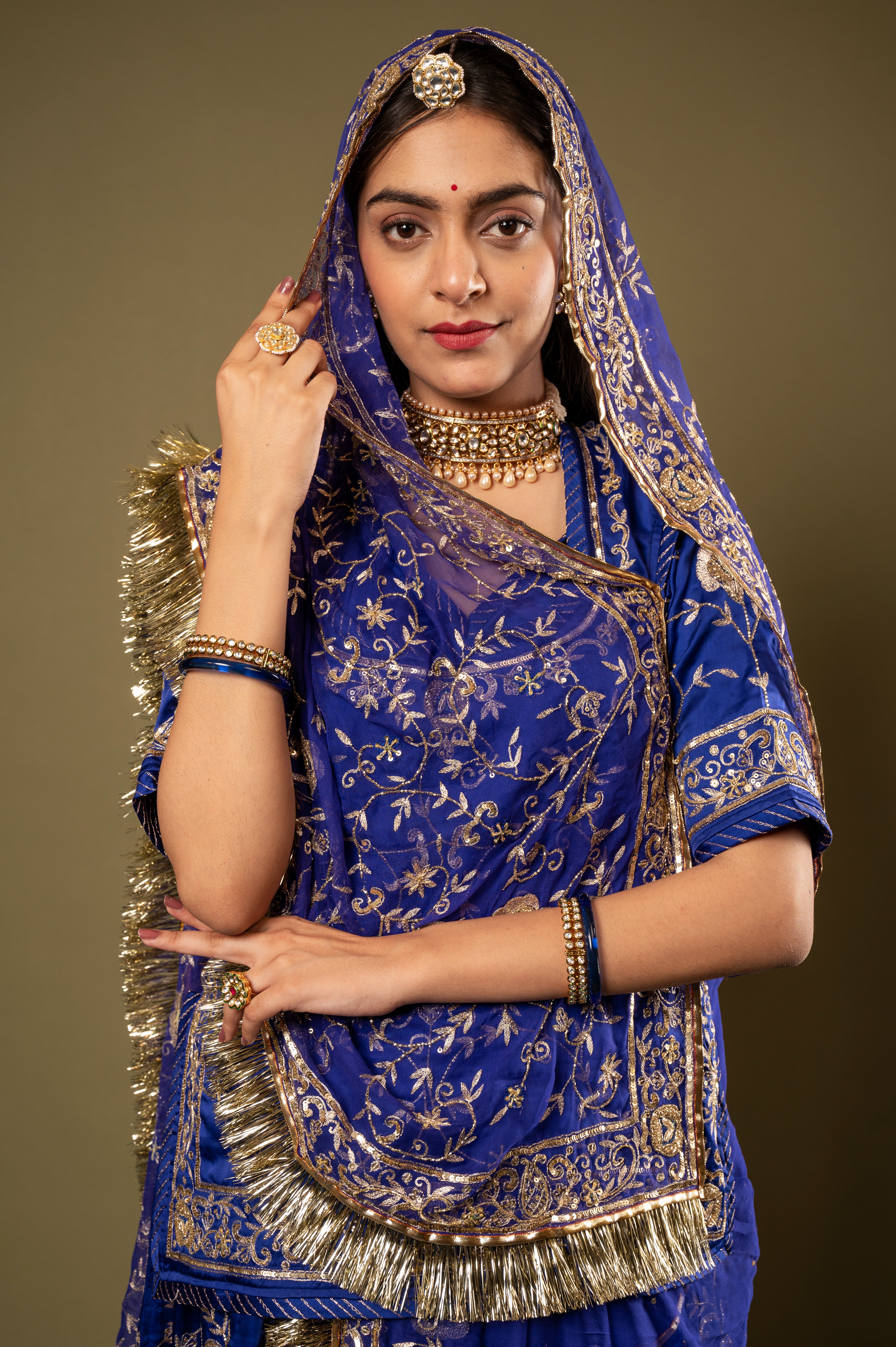 Blue light dark bamber satin Aari Kardana Sequins Jaal handwork Rajputi Poshak  with Pure odhna