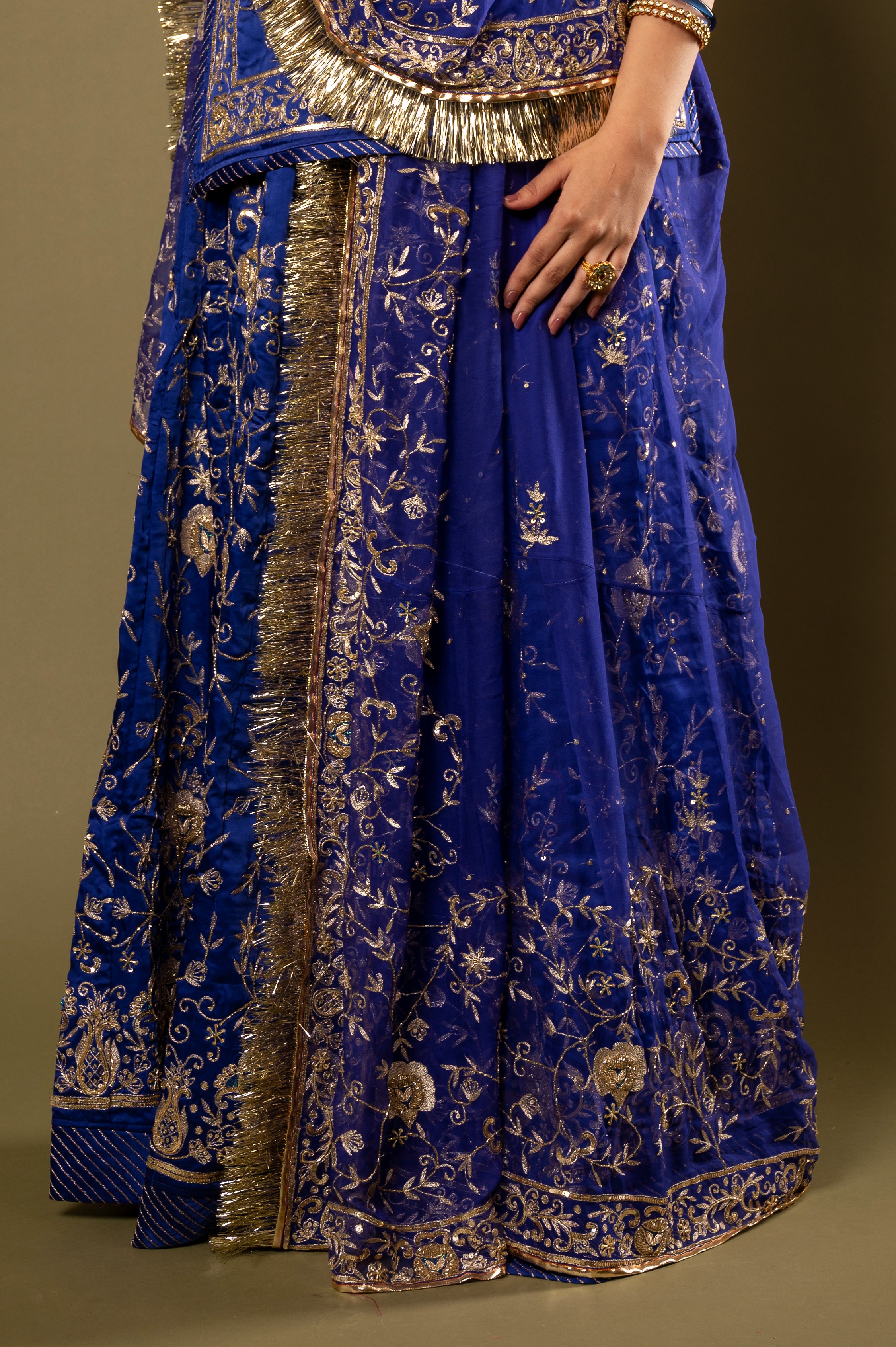 Blue light dark bamber satin Aari Kardana Sequins Jaal handwork Rajputi Poshak  with Pure odhna
