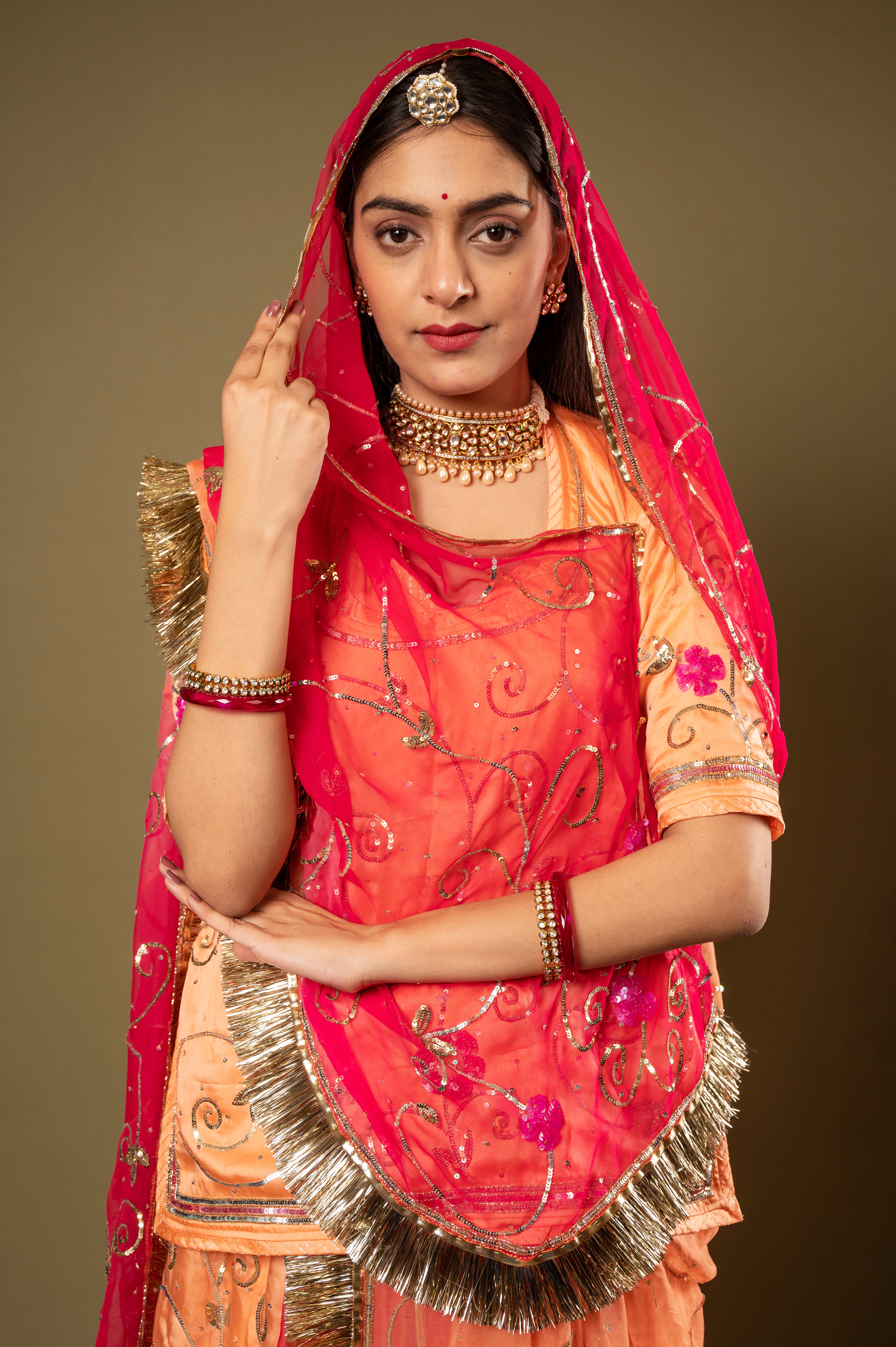 Peach Multi  Odhana bamber satin sequins jaal handwork Rajputi Poshak  with Pure odhna