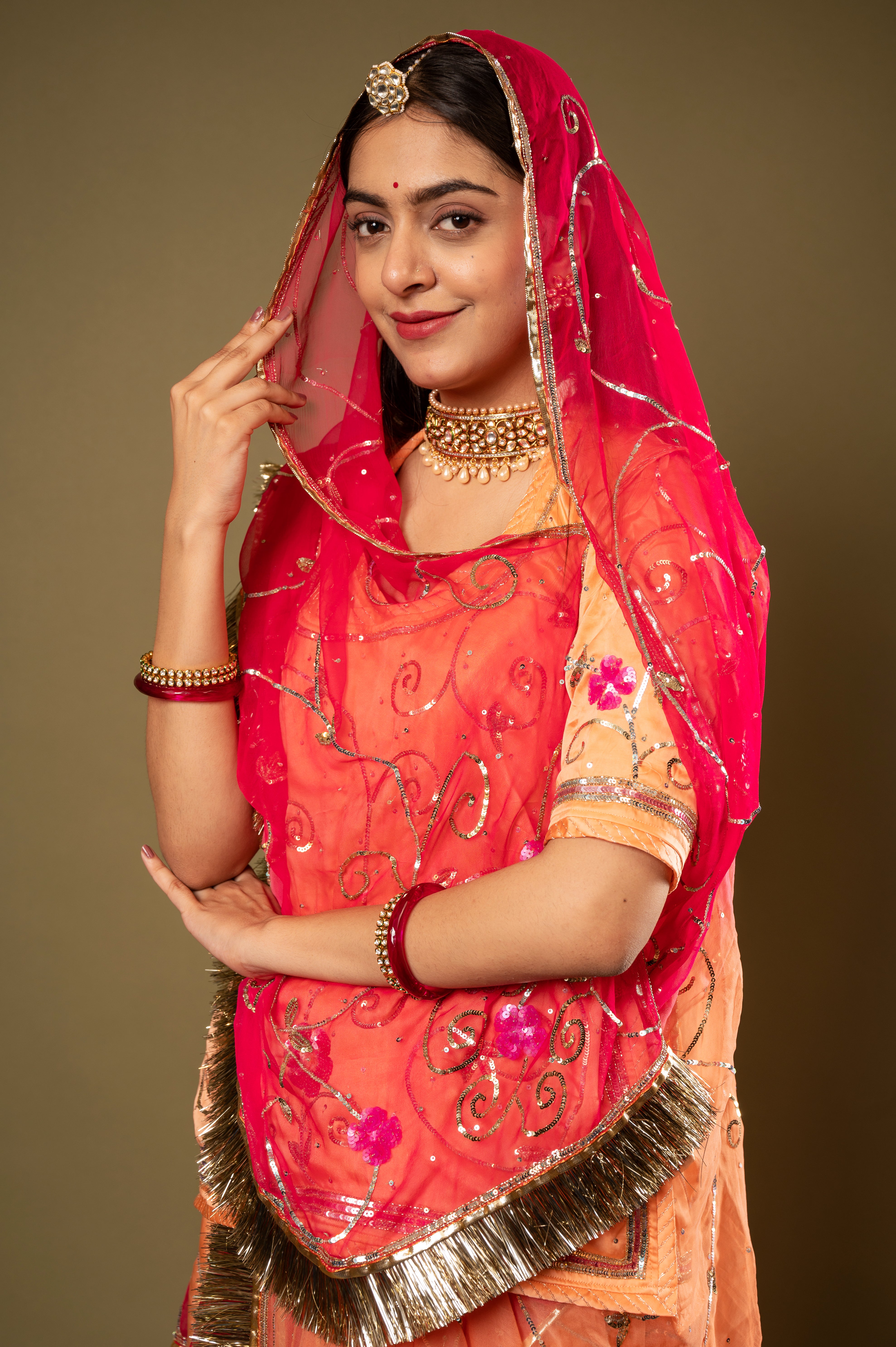 Peach Multi  Odhana bamber satin sequins jaal handwork Rajputi Poshak  with Pure odhna