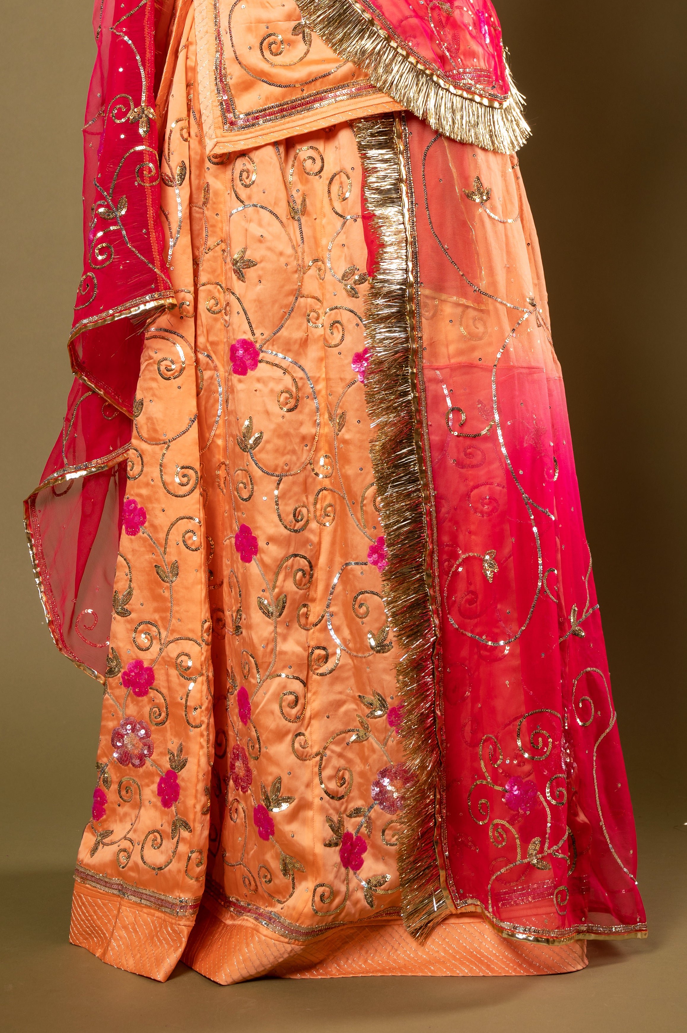 Peach Multi  Odhana bamber satin sequins jaal handwork Rajputi Poshak  with Pure odhna