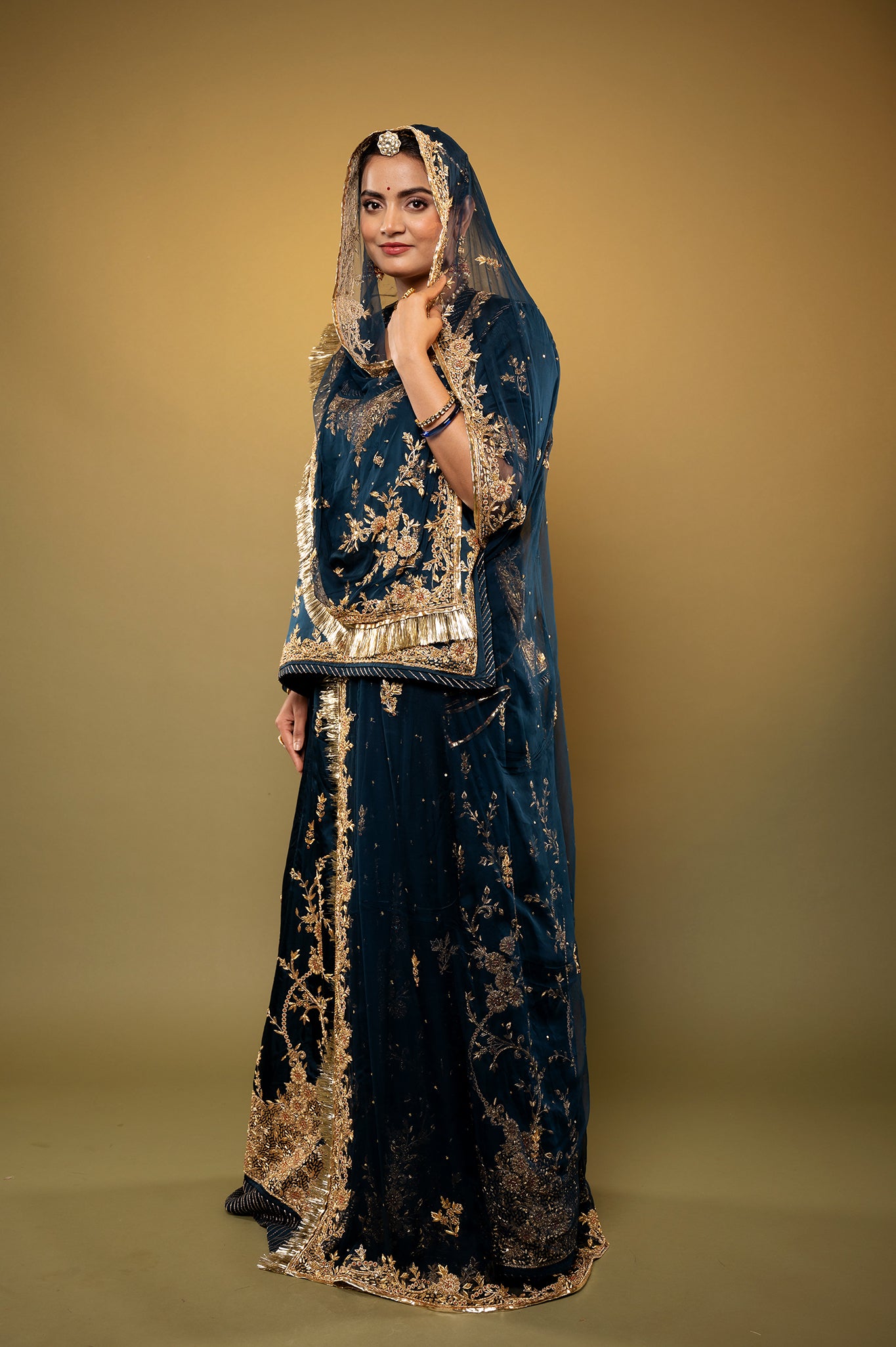 dark rama green bamber satin zardozi handwork rajputi Poshak  with Pure odhna