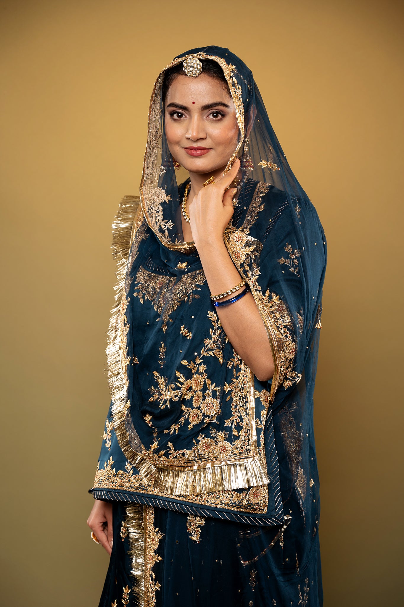 dark rama green bamber satin zardozi handwork rajputi Poshak  with Pure odhna