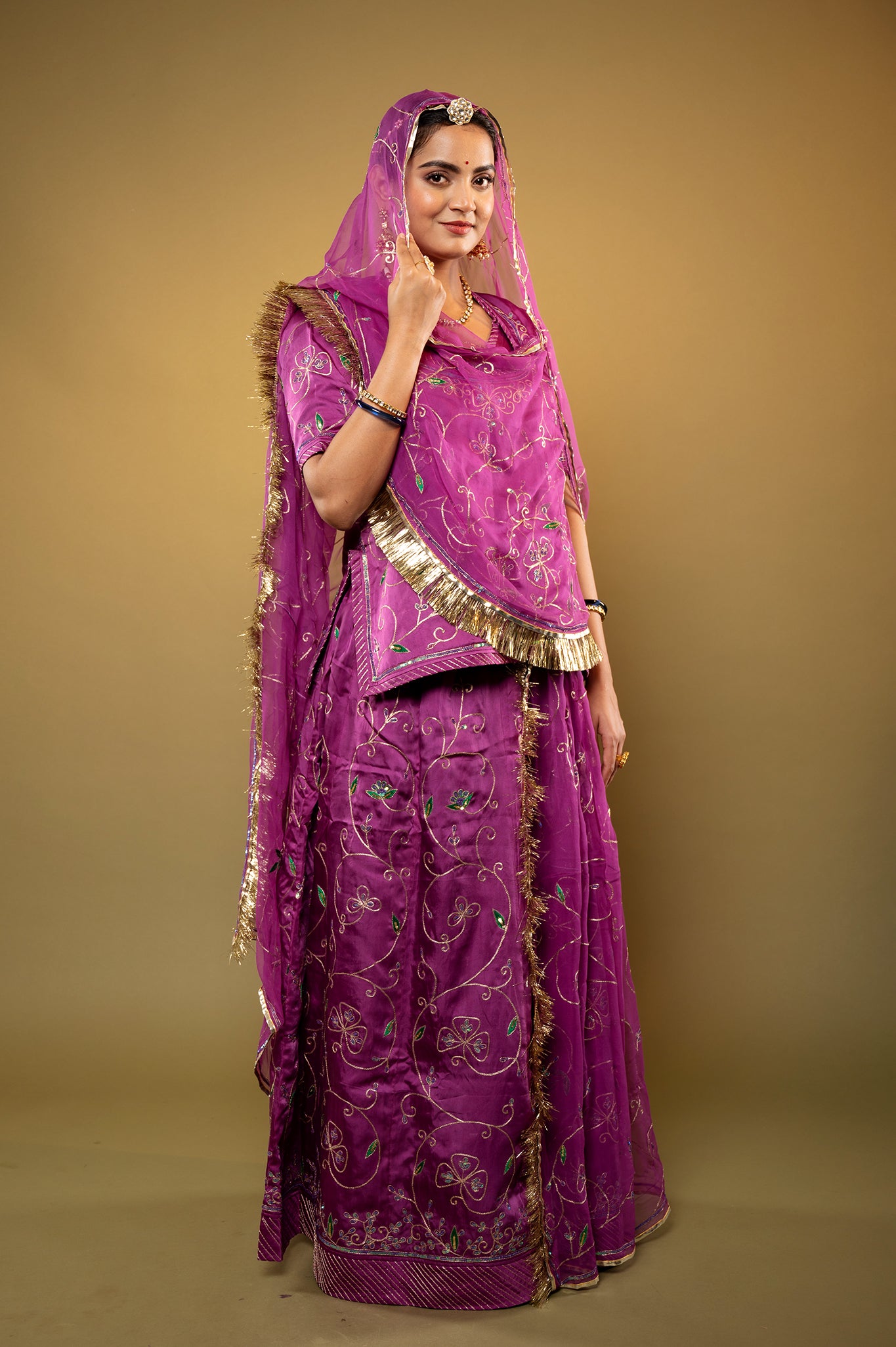 Purple   bamber satin aari sequins handwork rajputi Poshak  with Pure odhna