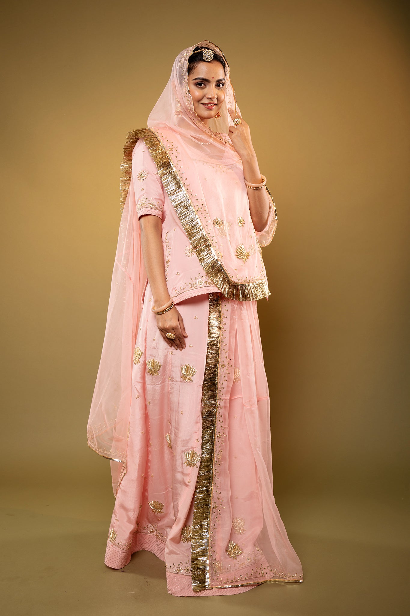 peach pink Crepe zardozi handwork rajputi Poshak  with Pure odhna